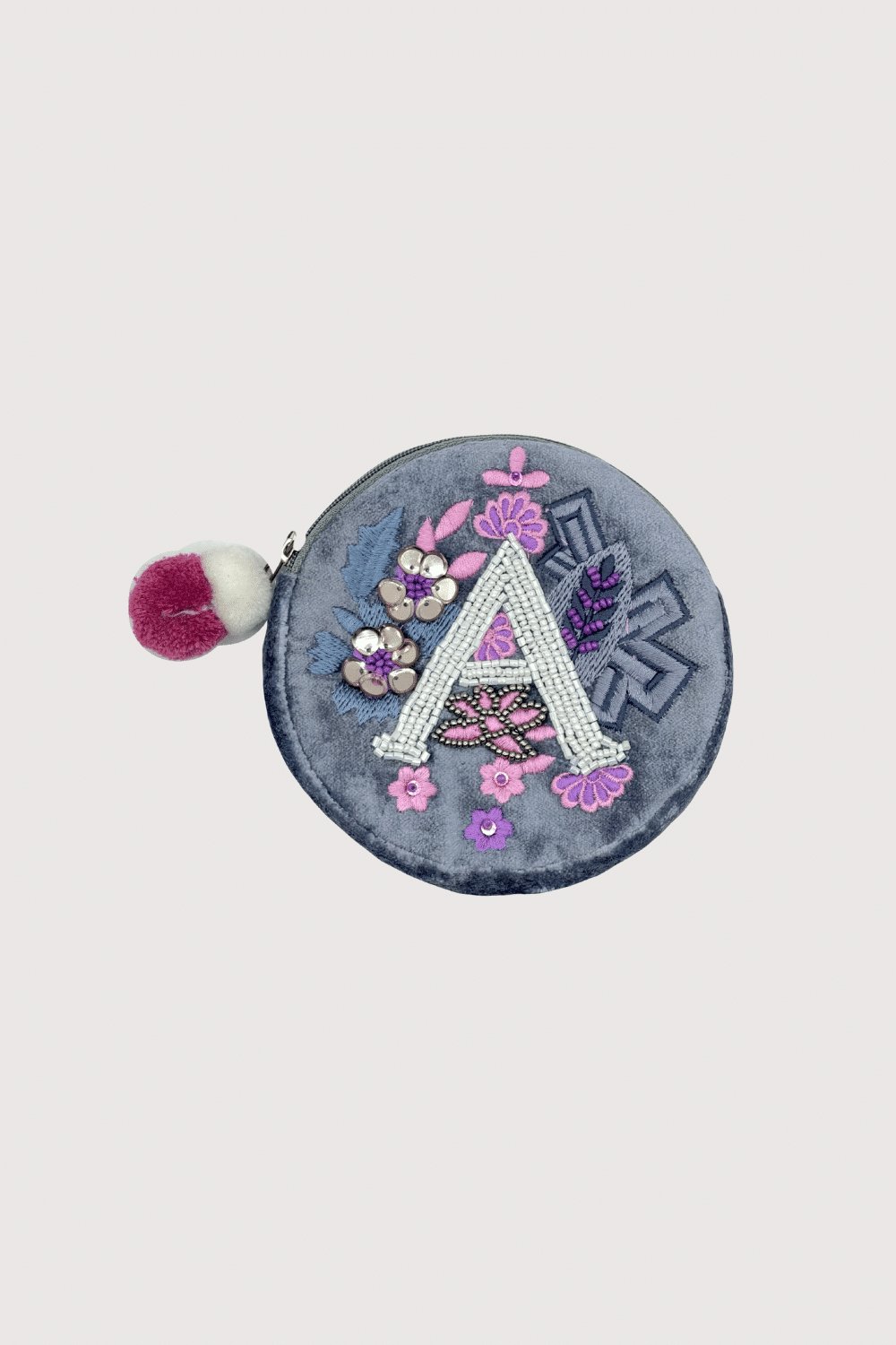 "A" Gray Velvet Beaded Coin Pouch