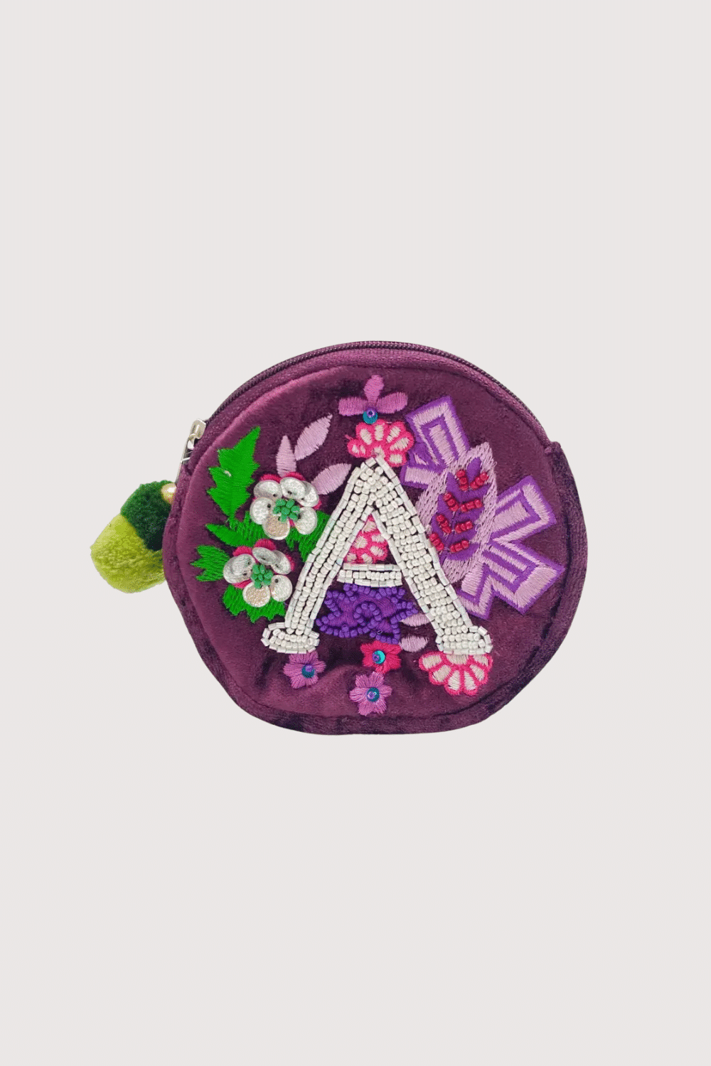 "A" Purple Velvet Beaded Coin Pouch