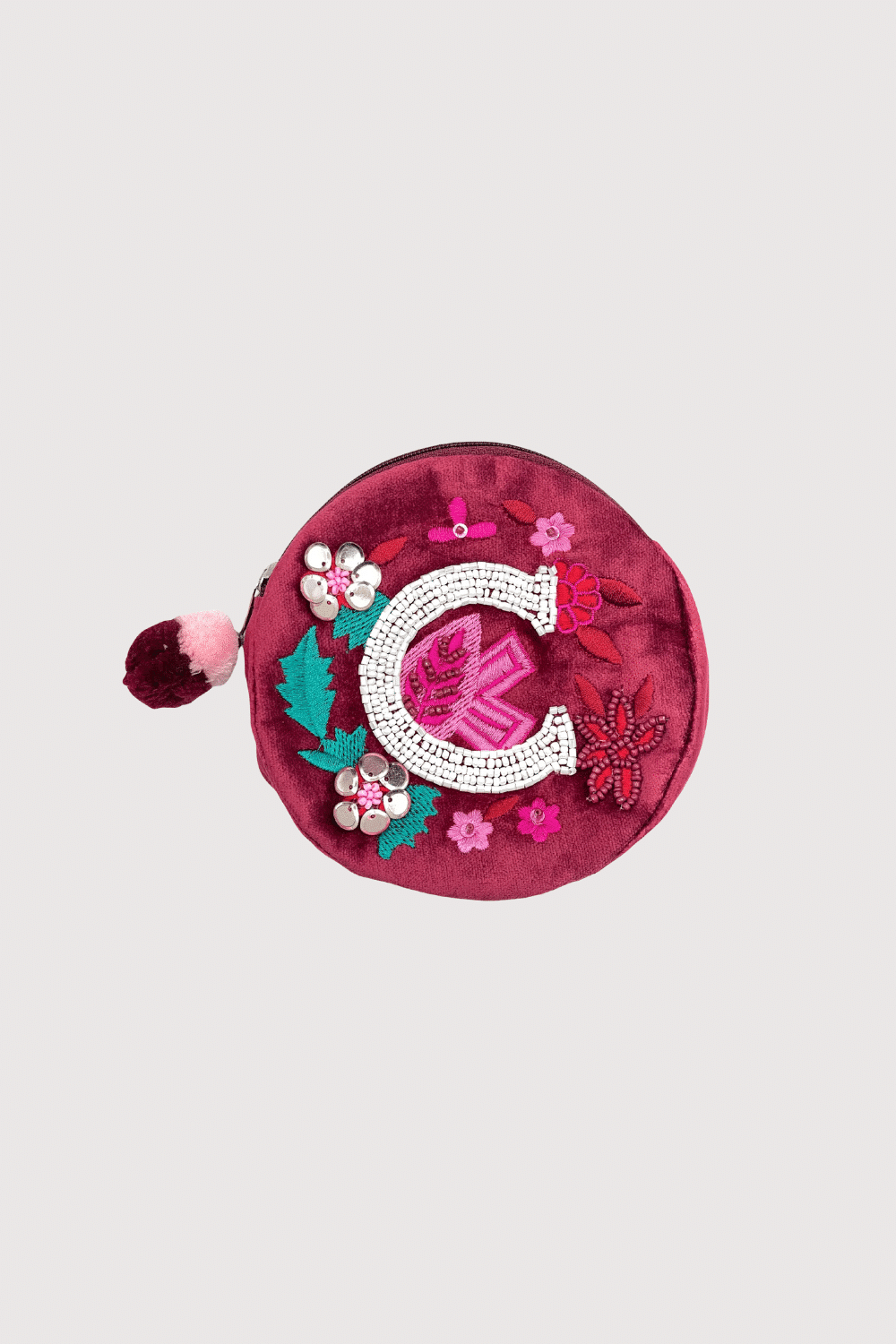 "C" Burgundy Velvet Beaded Pouch