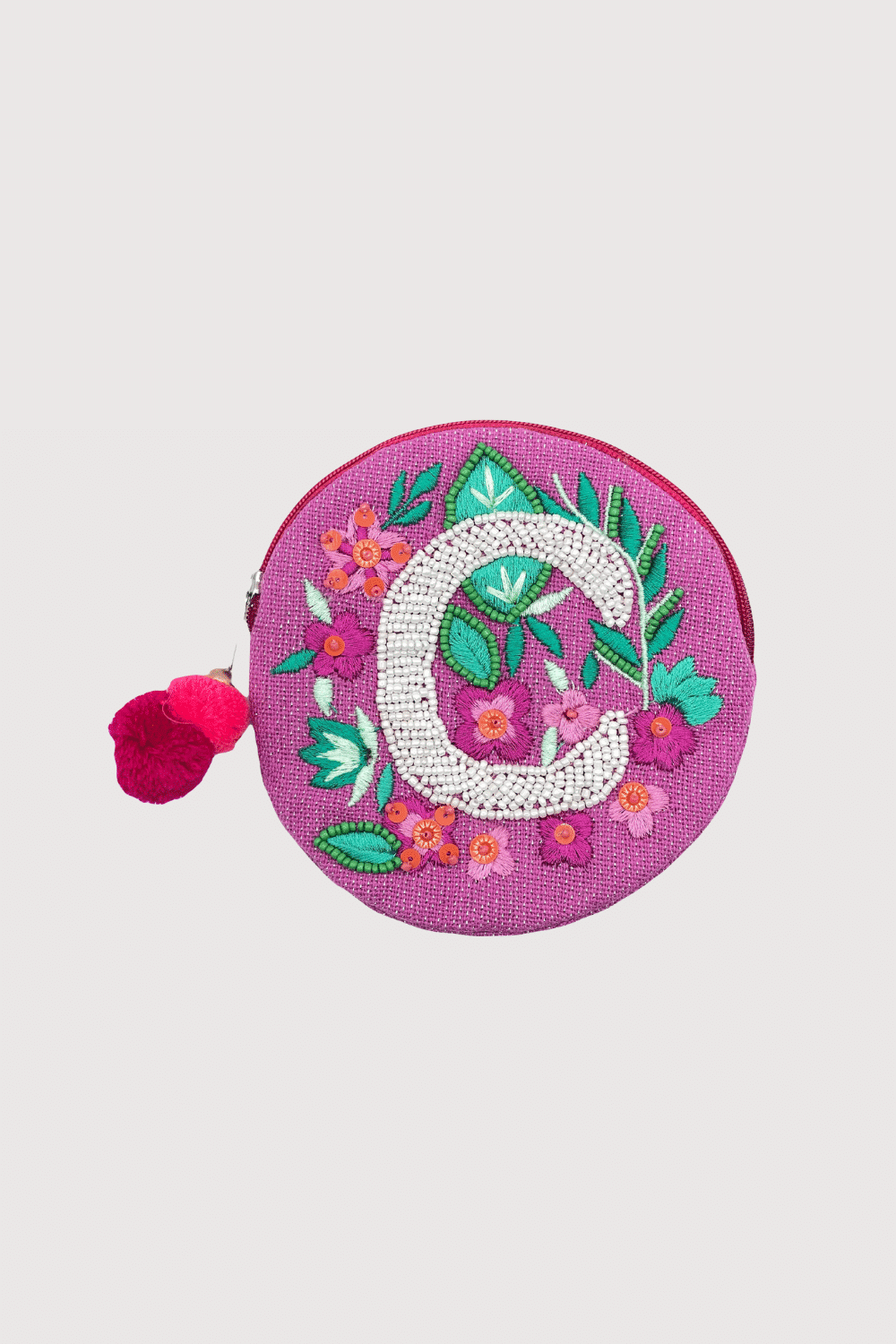 "C" Fuchsia Beaded Coin Pouch