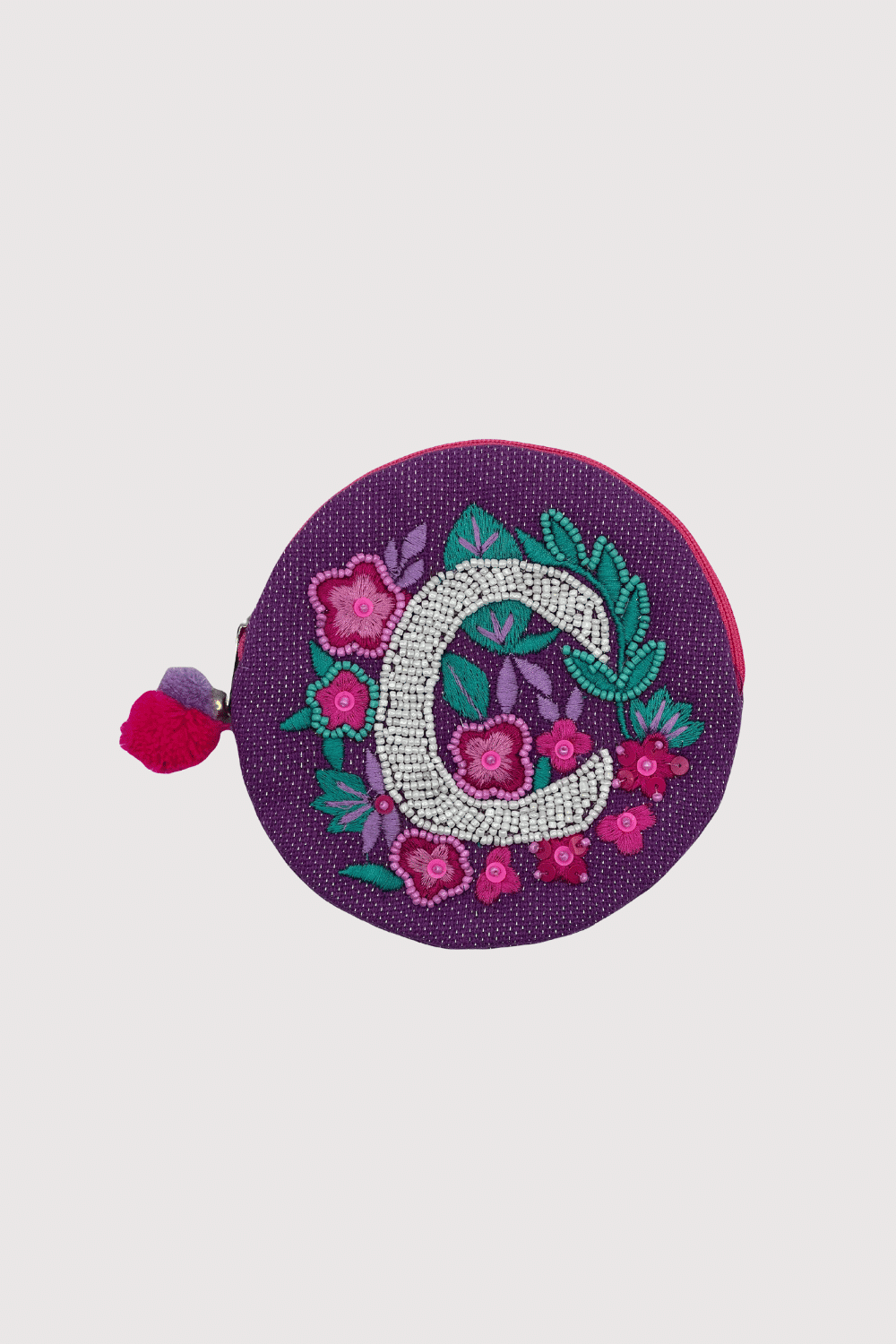 "C" Purple Beaded Coin Pouch