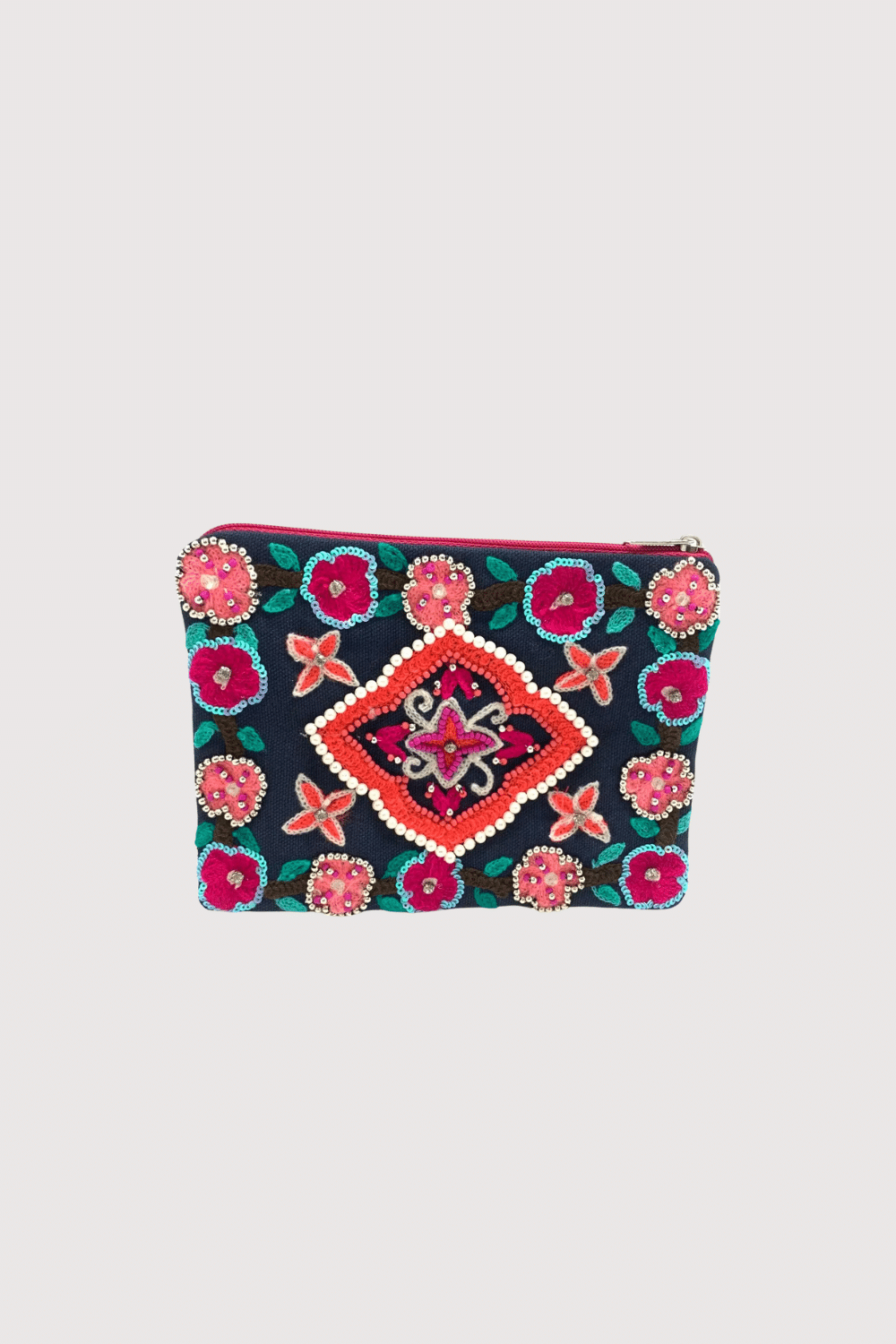 Navy Coin Purse With Floral Embroidery, Sequins, And Pearls