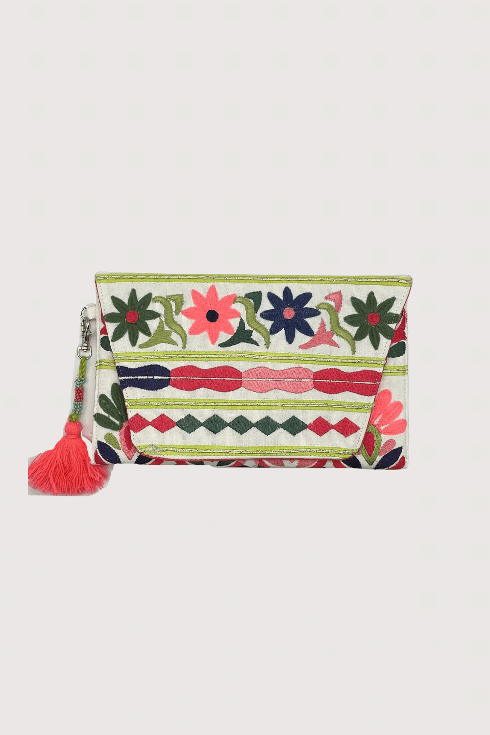 White Floral Embroidered Clutch