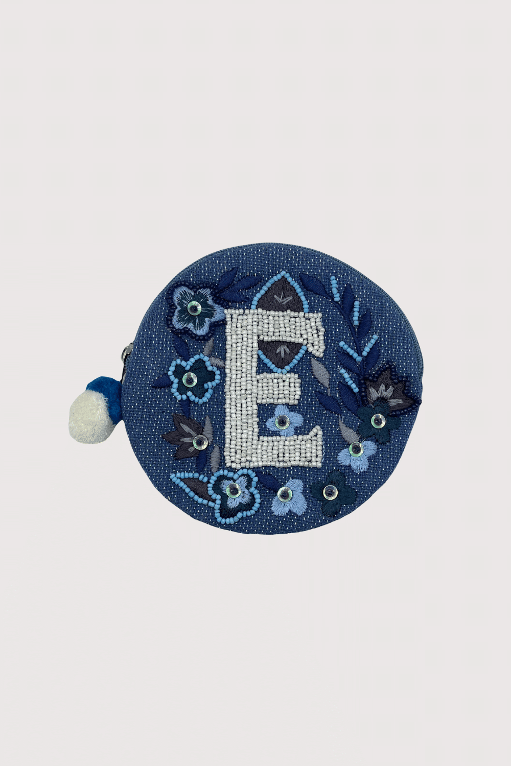 "E" Blue Beaded Coin Pouch