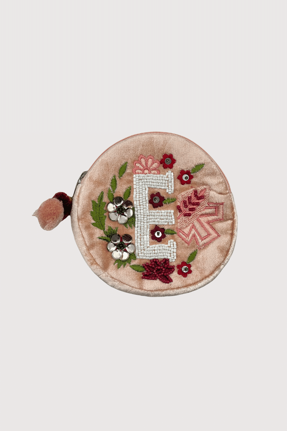 "E" Light Pink Velvet Beaded Pouch