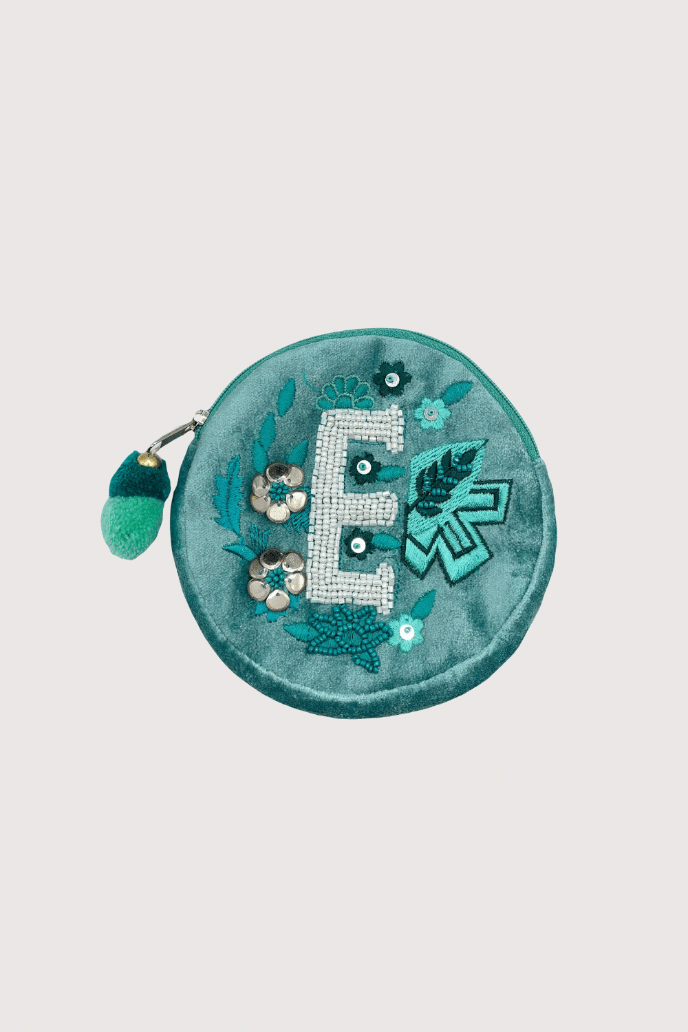 "E" Teal Velvet Beaded Pouch