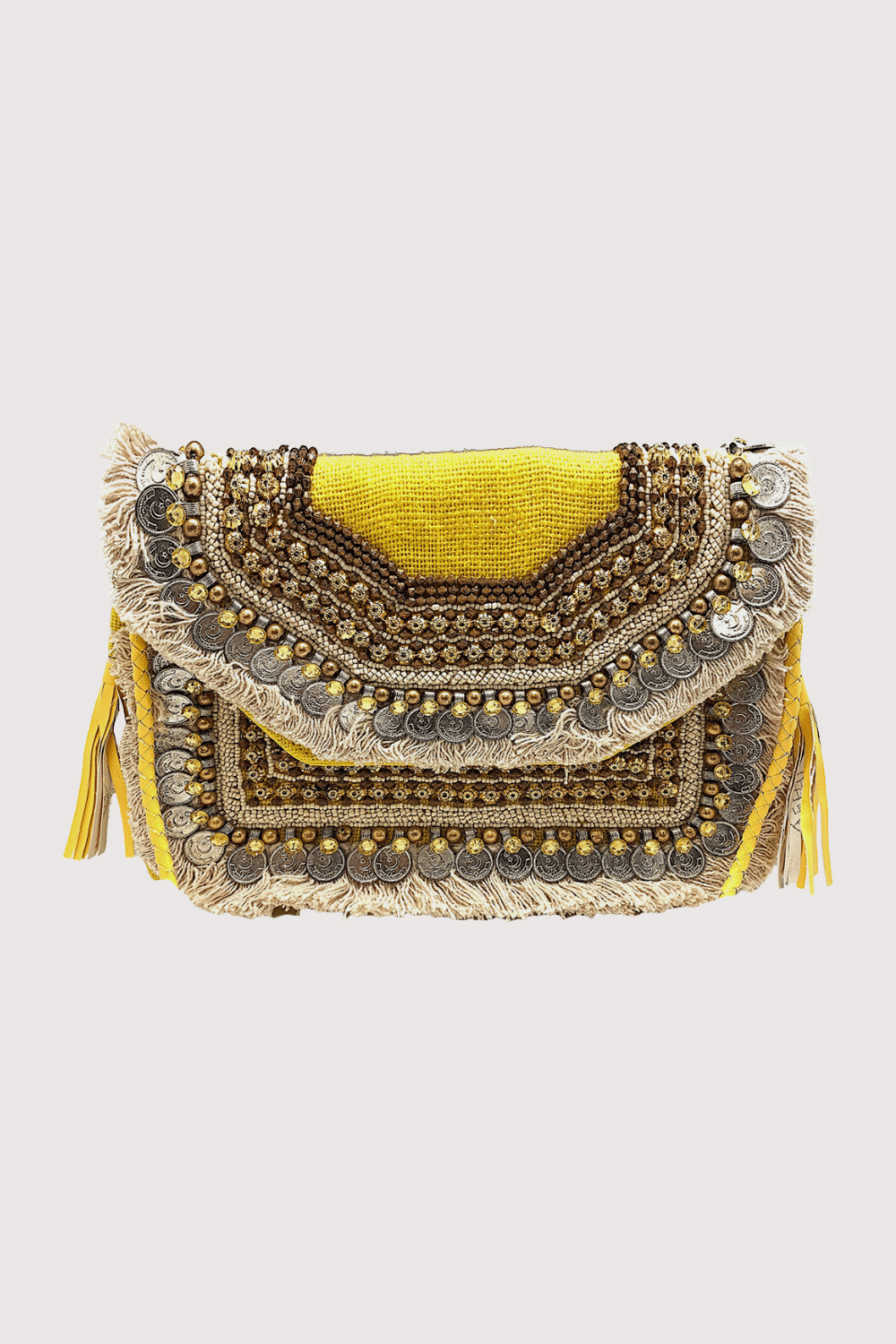Yellow Jute Beaded Clutch W/ Coin Fringe