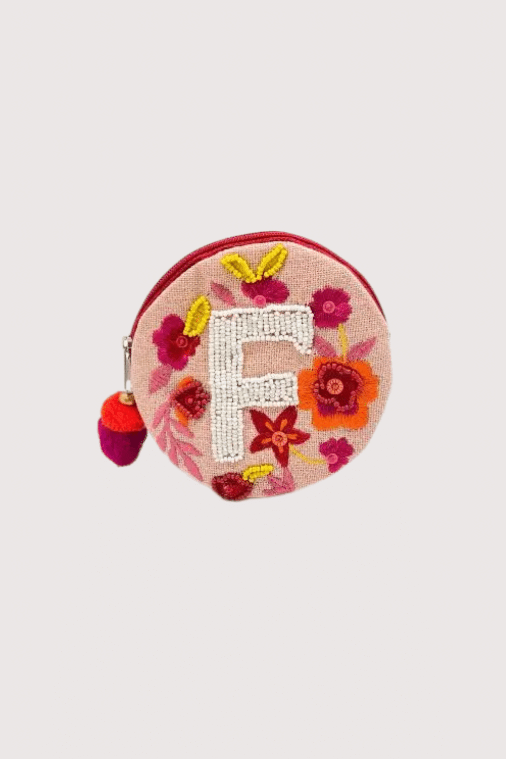 "F" Pink Beaded Coin Pouch