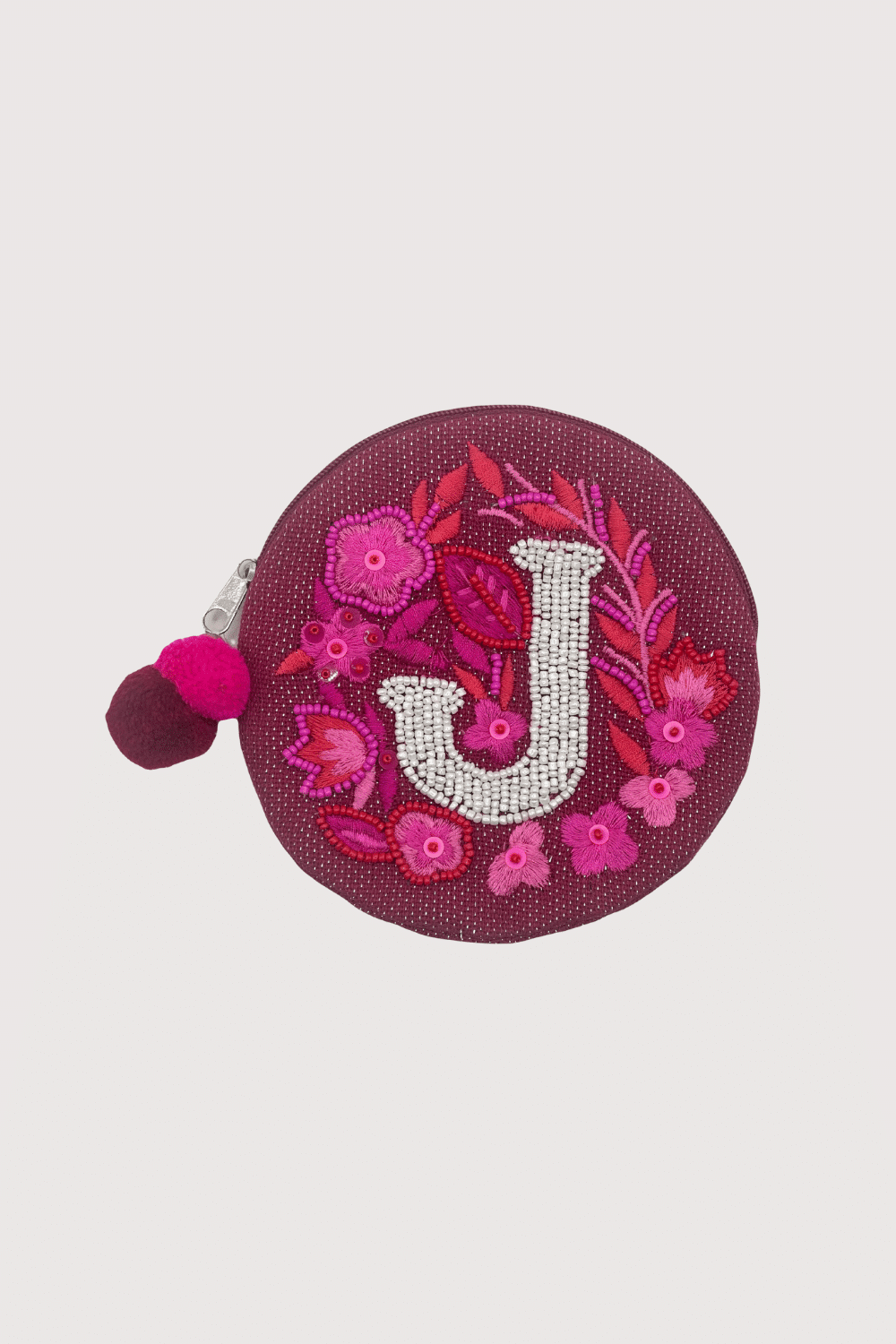 "J" Fuchsia Beaded Coin Pouch
