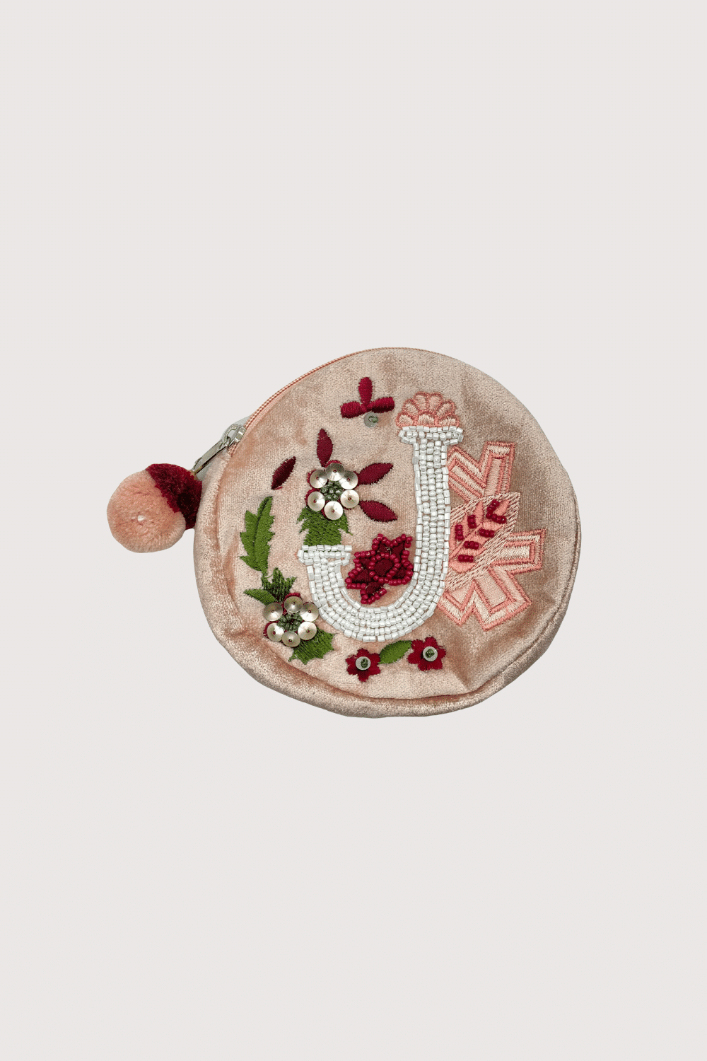 "J" Light Pink Velvet Beaded Pouch