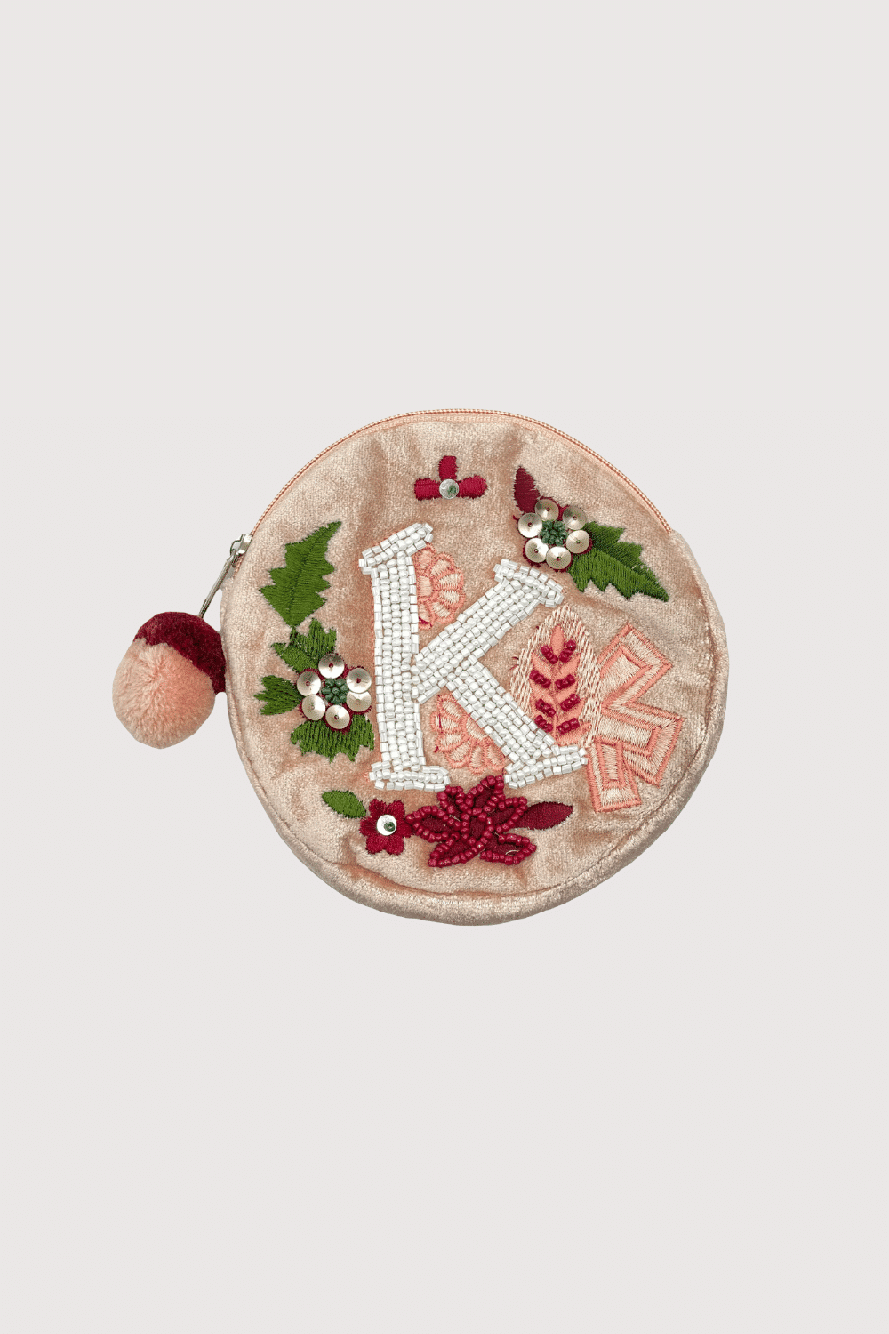 "K" Light Pink Velvet Beaded Pouch