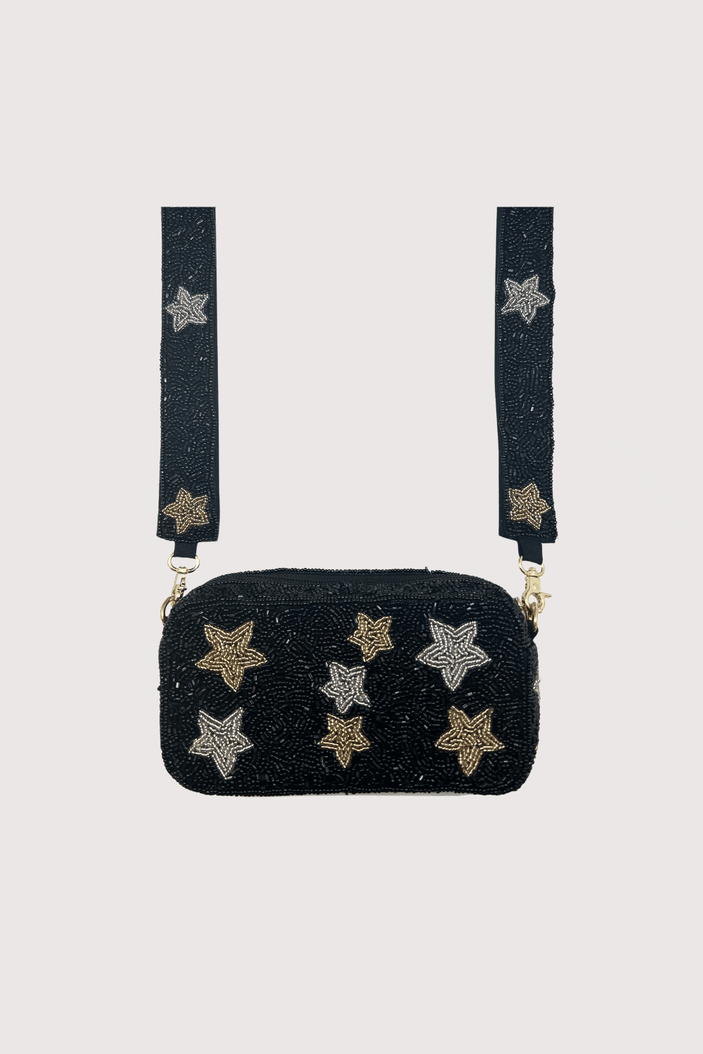 Black Sil/Gold Stars Beaded Camera Bag