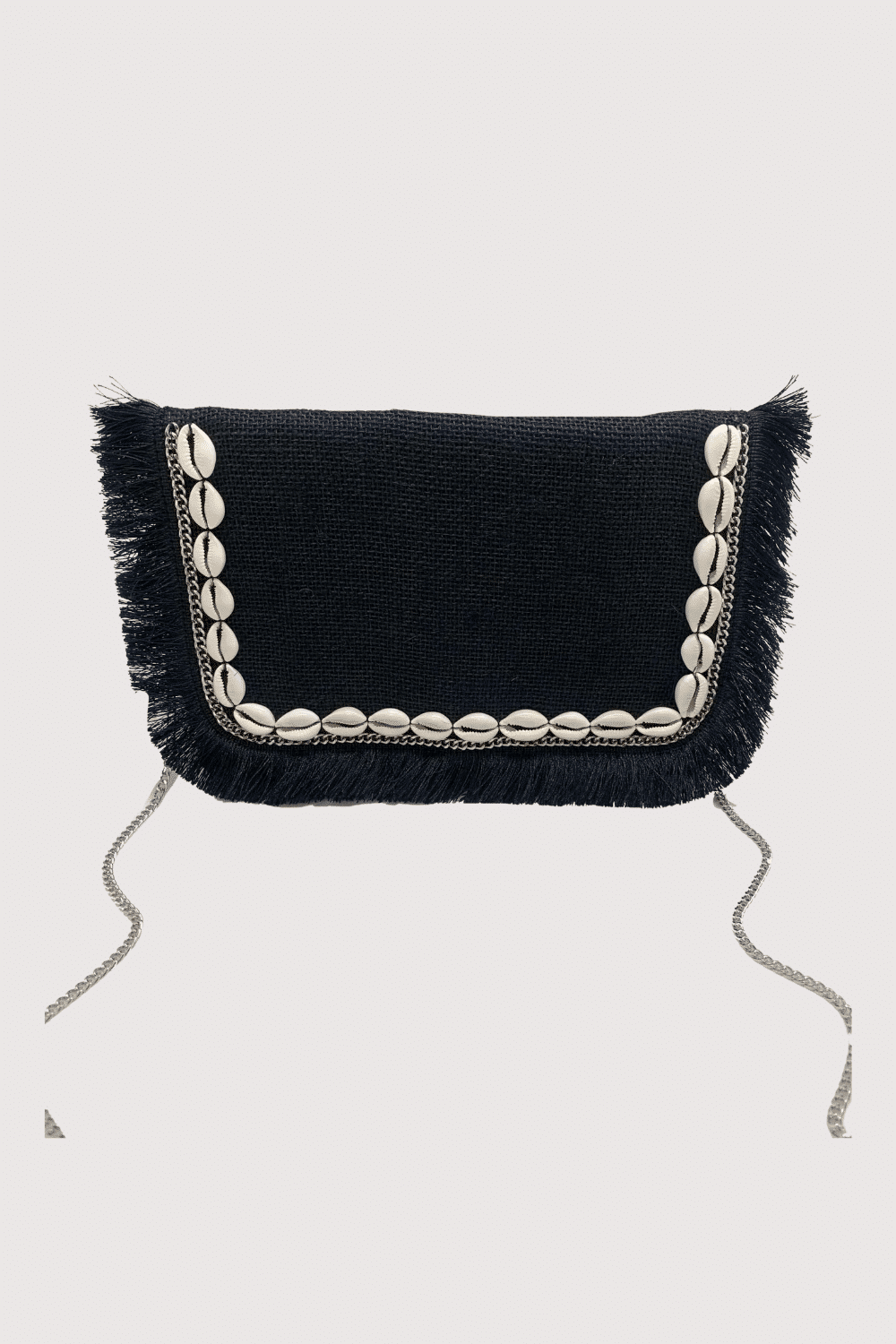 Black Jute Clutch With Cowrie Shell And Fringe