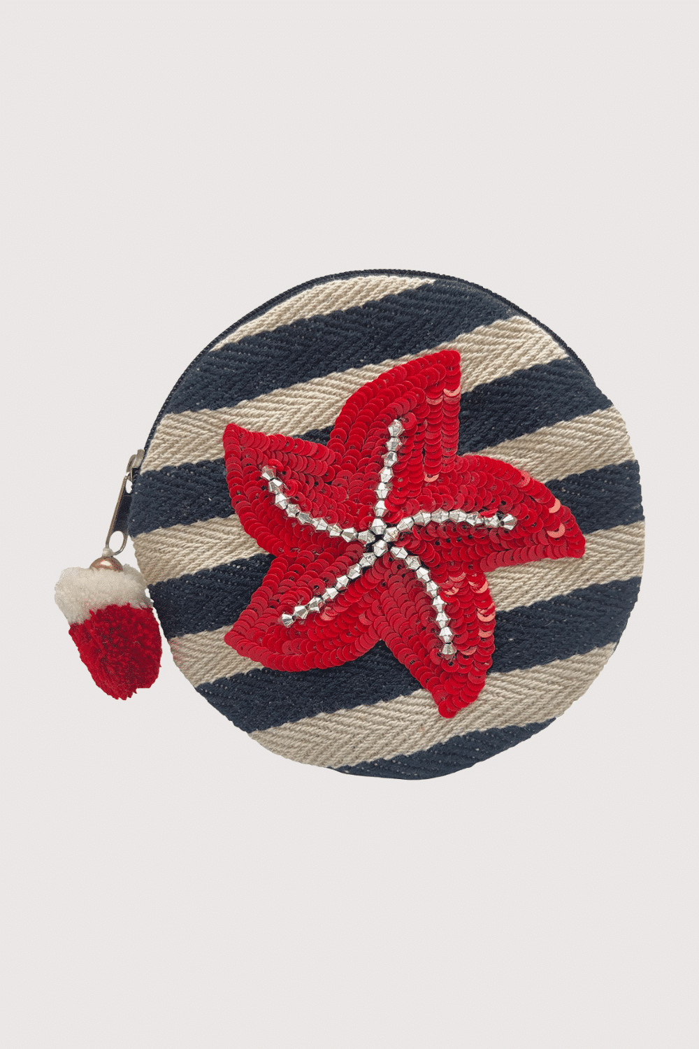 Sequin Red Flower With Navy Stripes On Round Pouch
