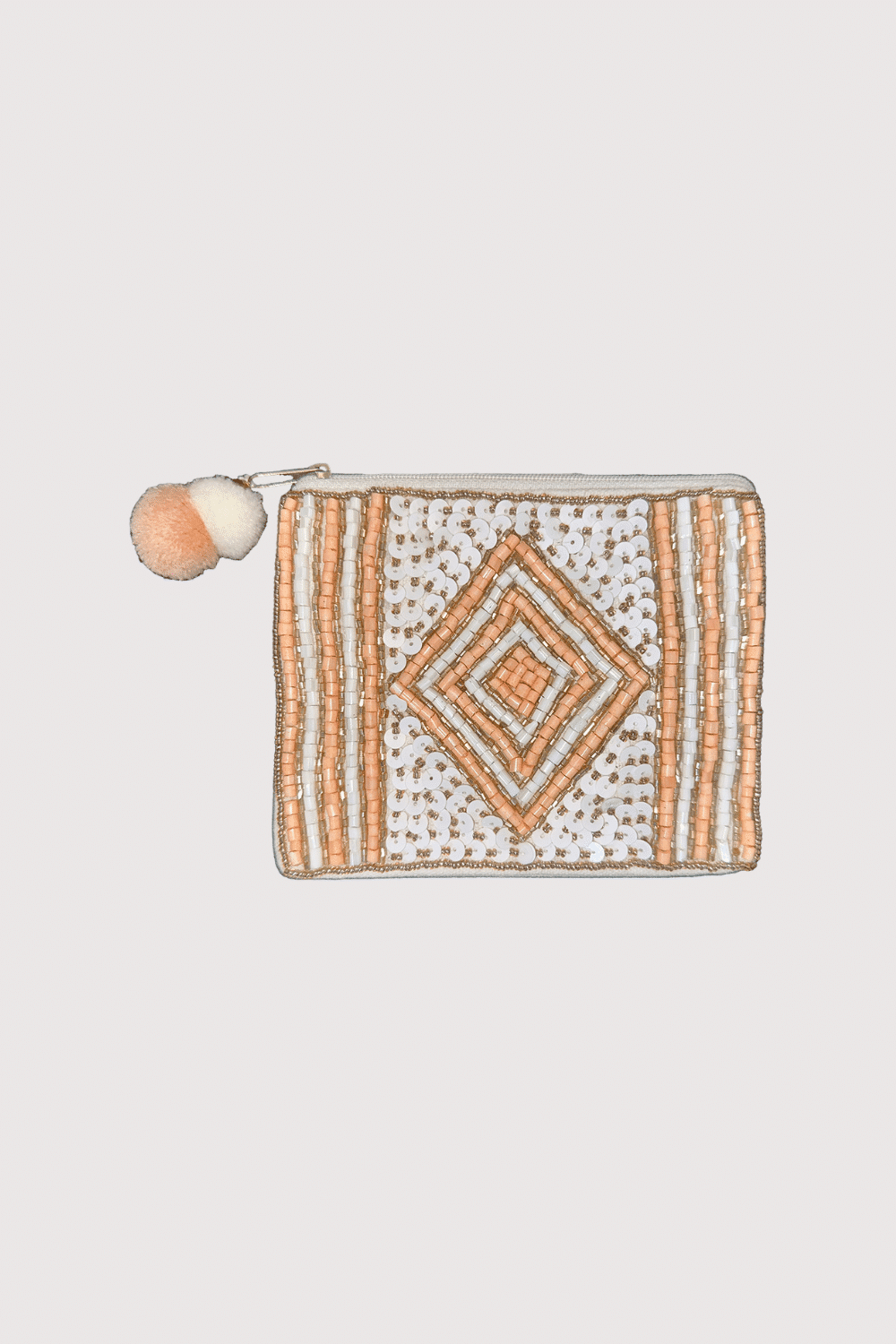 Peach & White Diamond Pattern Sequins Beaded Pouch