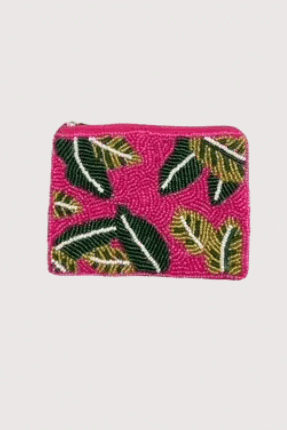 Fuchsia Green Leaf Beaded Mini Pouch