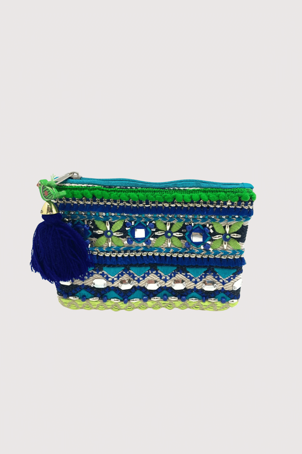Coin Purse With Green And Blue Embroidery