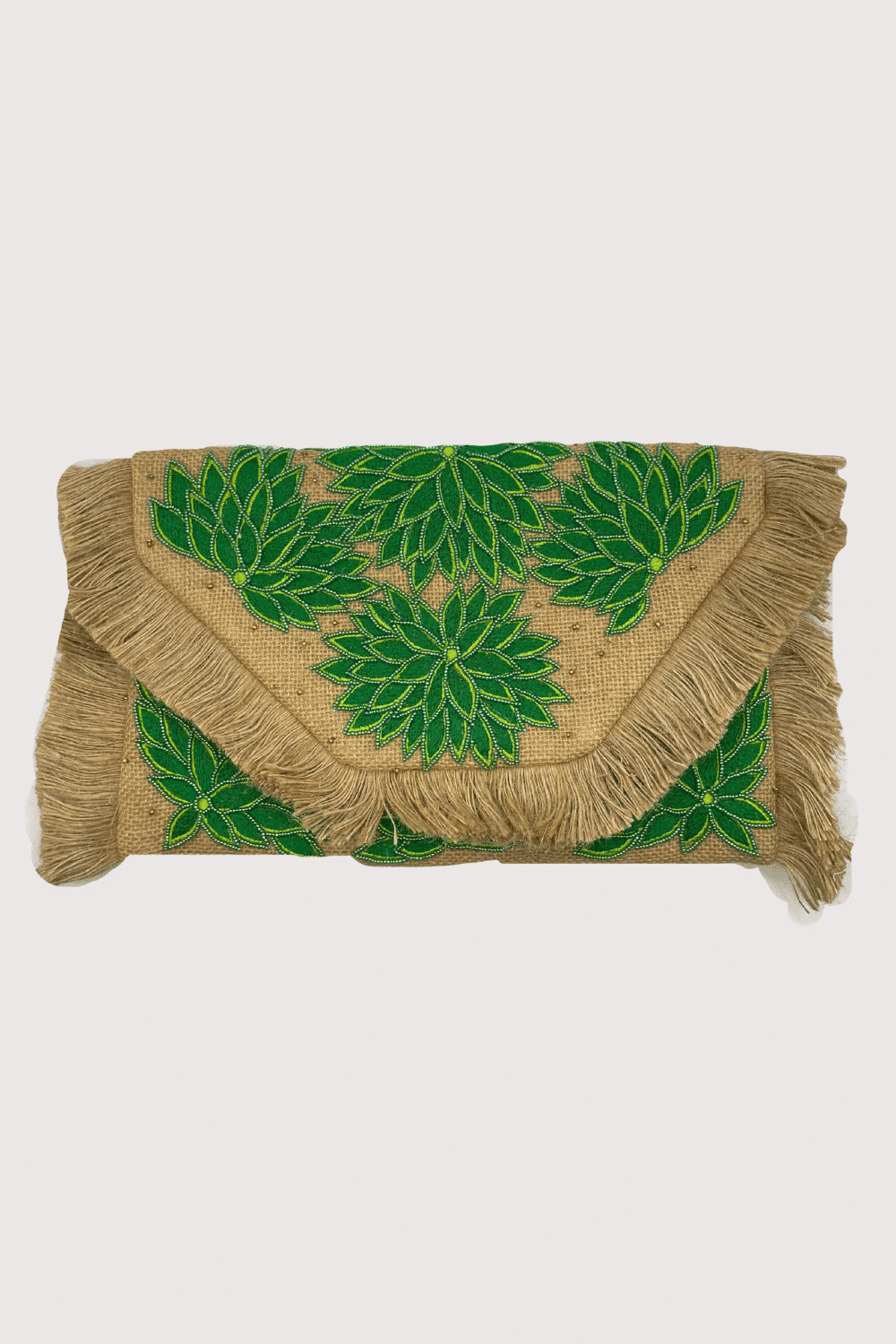 Green Floral Embroidered Jute Clutch