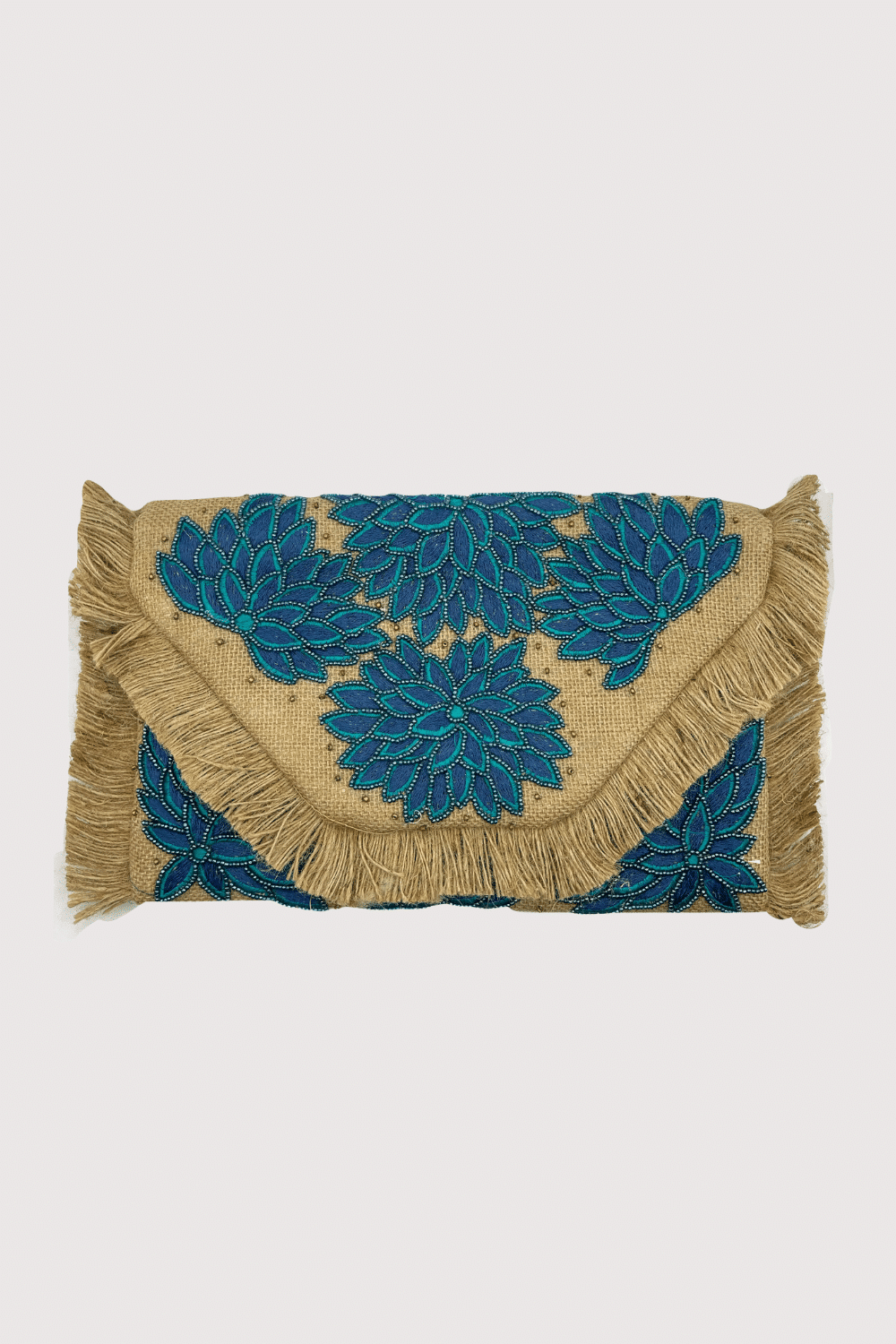 Blue Floral Embroidered Jute Clutch
