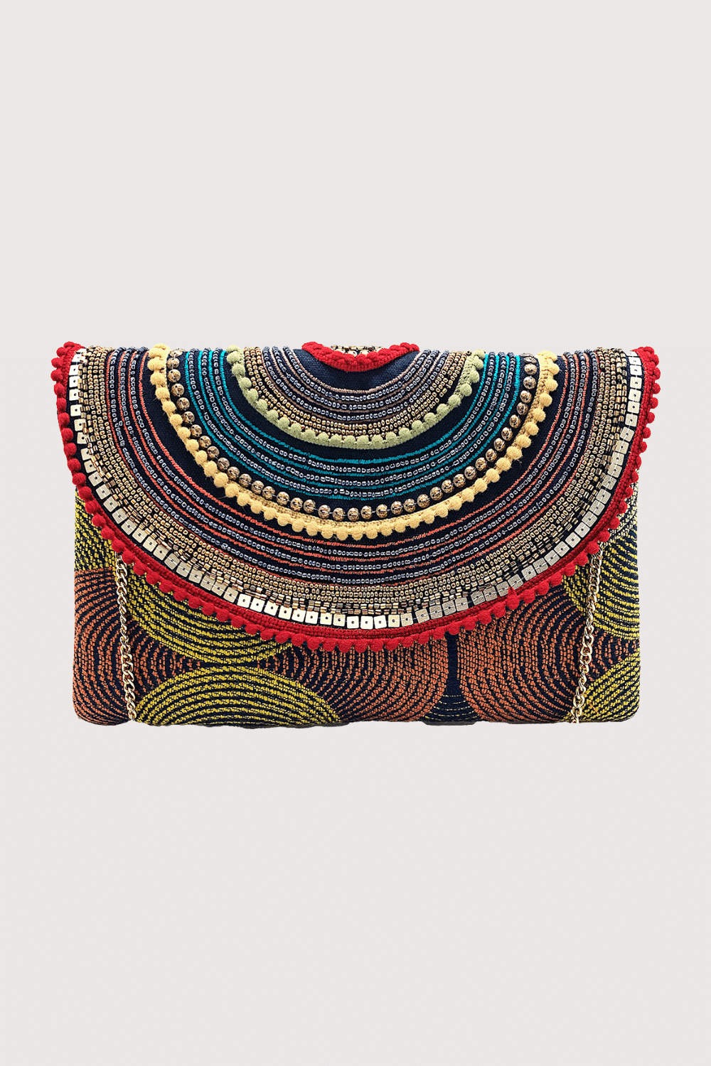 Multi Embroidered Clutch W/ Pom Poms