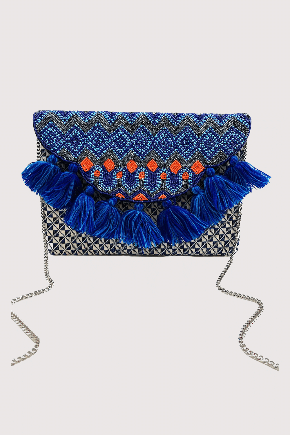 Jaquard Beaded Clutch W/ Blue Tassels