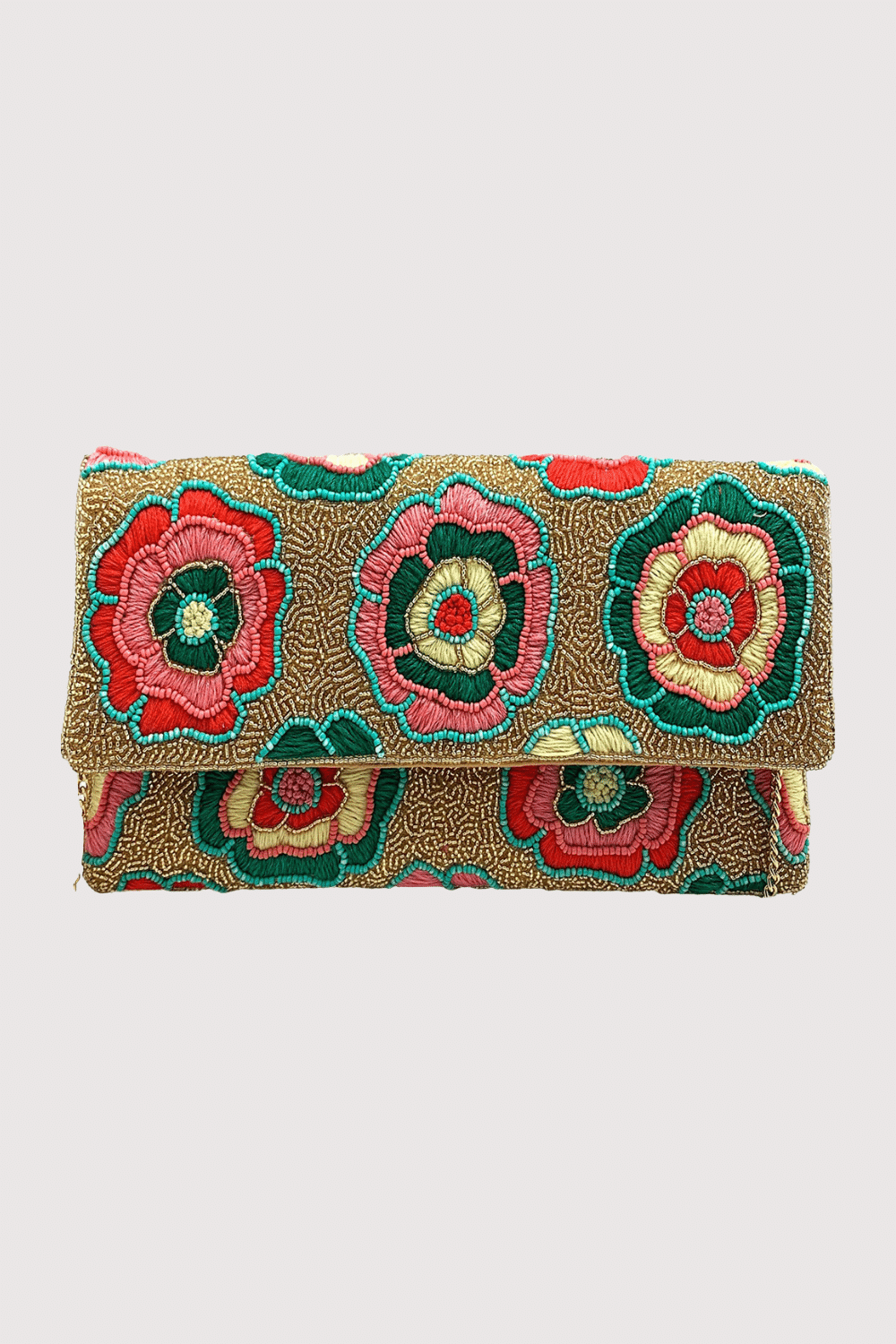 Floral Embroidery W/ Gold Beaded Clutch