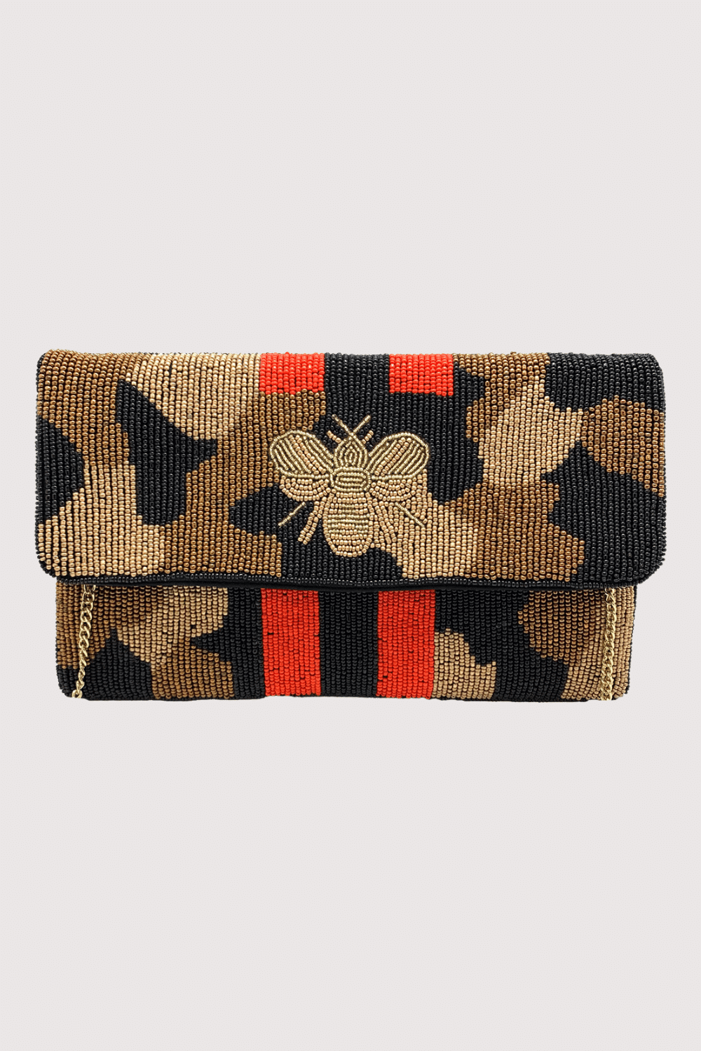 Gold Camo Bee Beaded Clutch W/ Red & Black Stripes