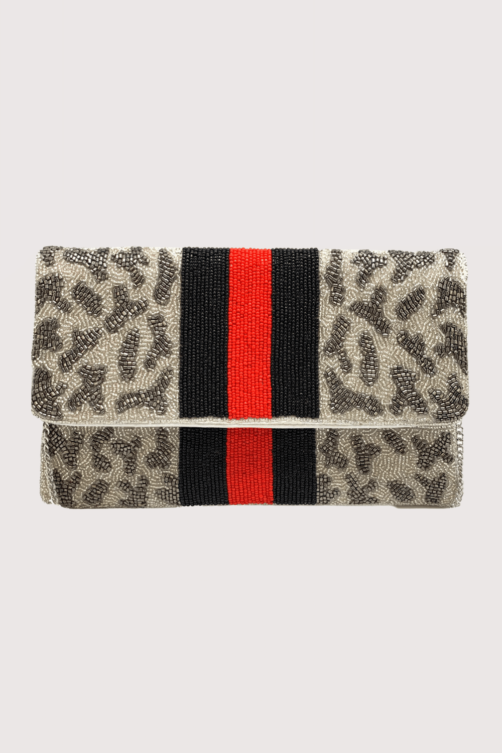 Silver Grey Leopard Beaded Clutch With Red & Black Stripes