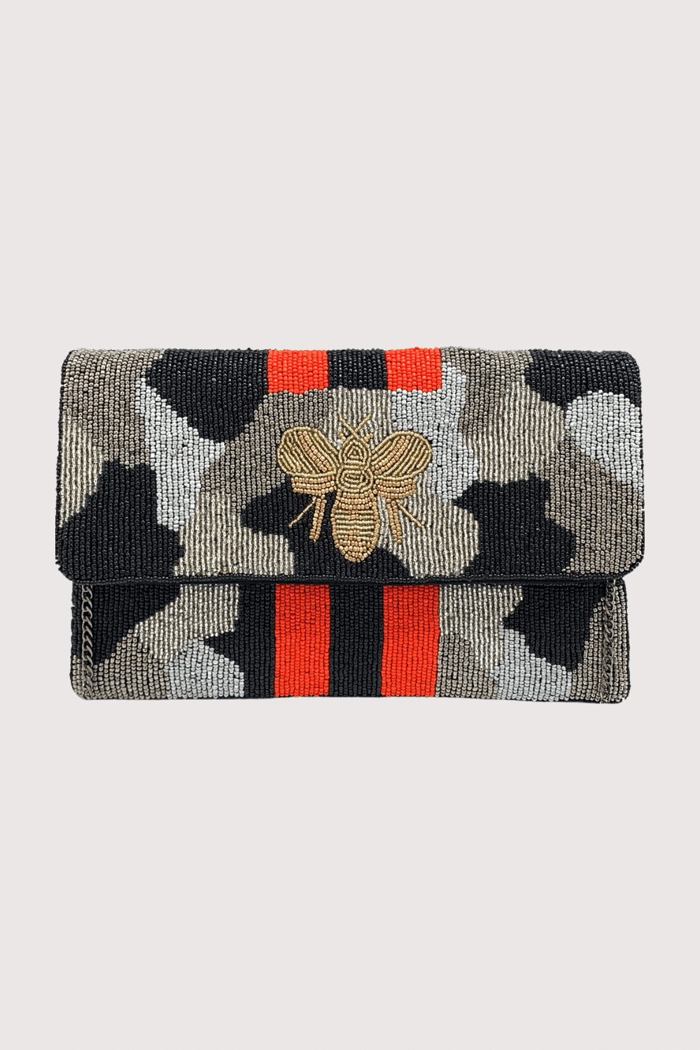 Silver Camo Bee Beaded Clutch W/ Red & Black Stripe