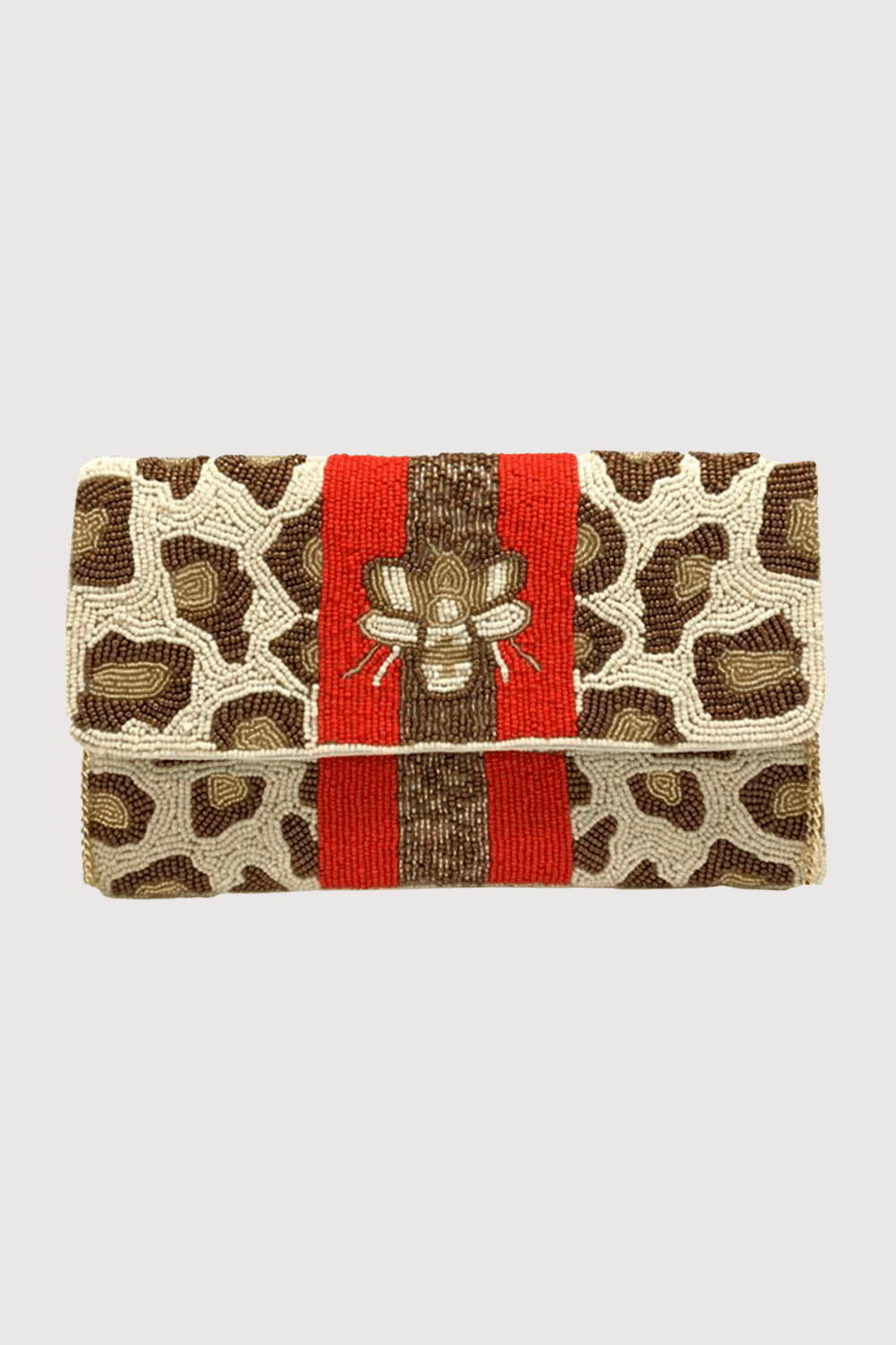 Leopard Print Bee Beaded Clutch W/ Red Stripe
