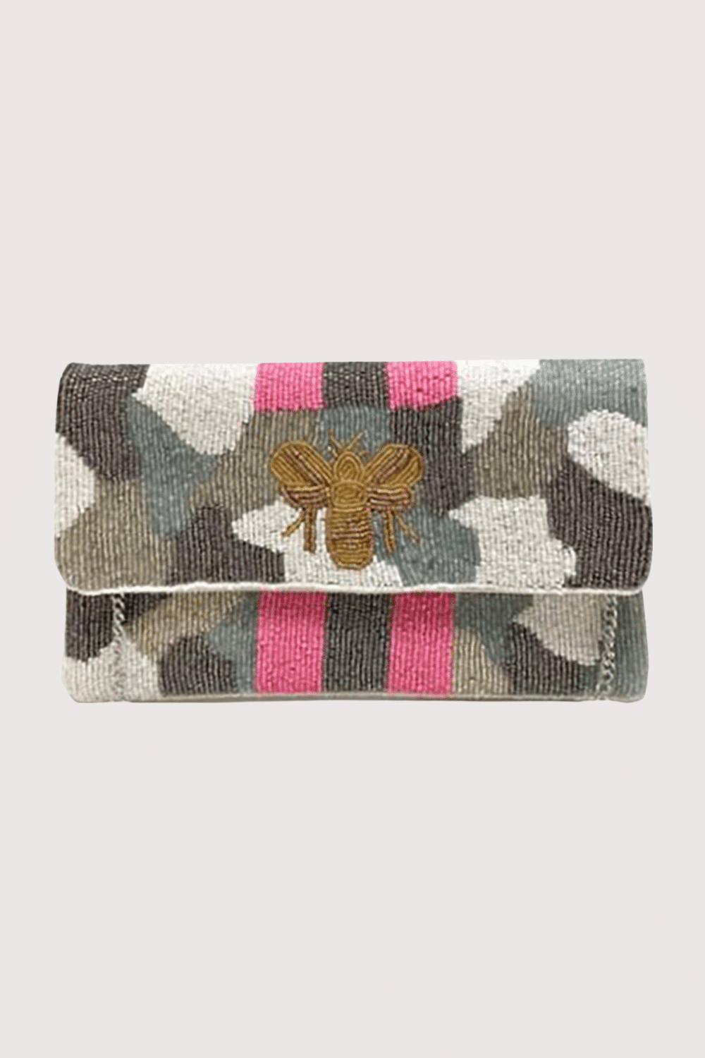 White & Gray Beaded Camo Bee Clutch W/ Pink Stripe