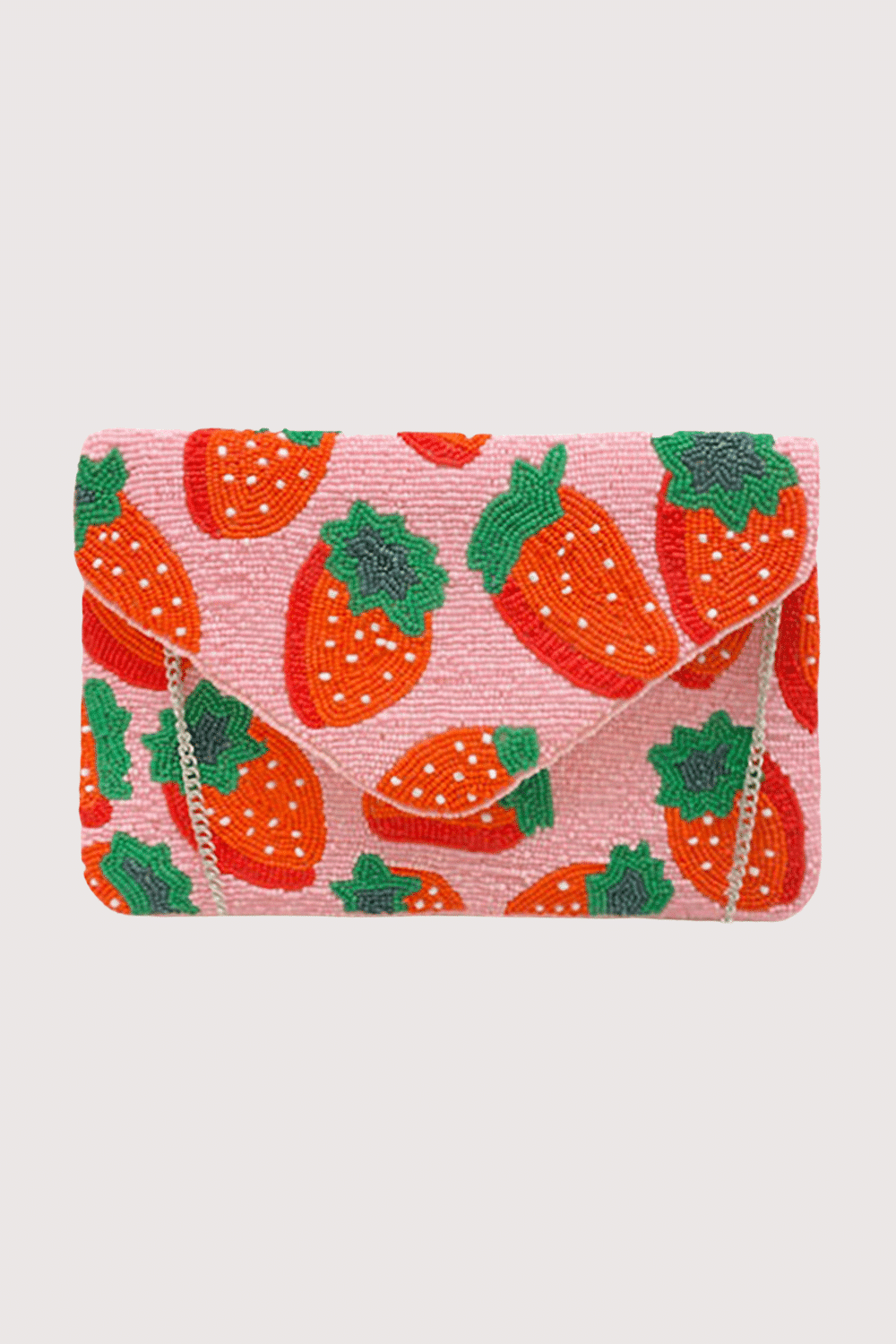 Pink Strawberry Pattern Beaded Clutch
