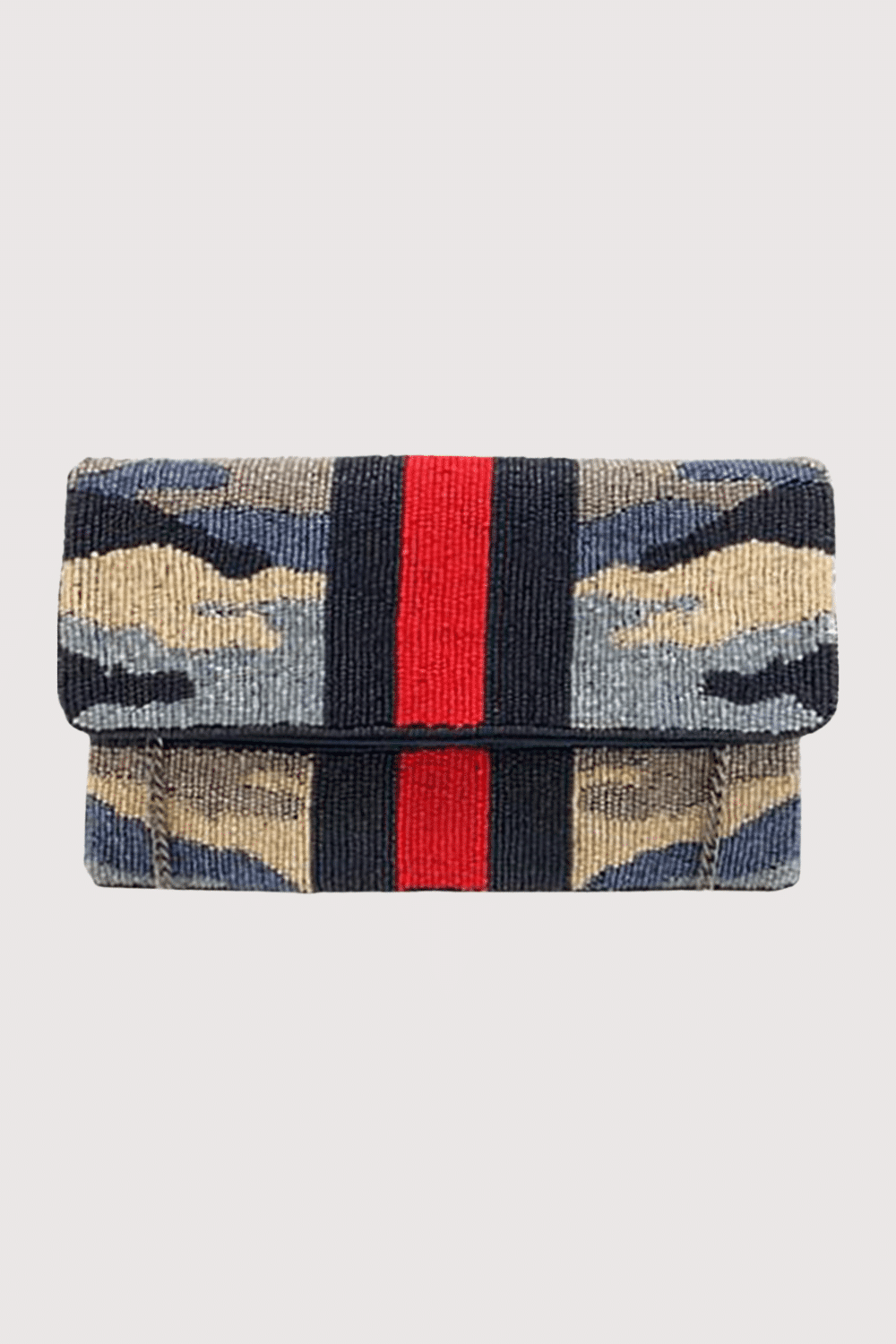 Grey Camo Beaded Clutch With Back And Red Stripes