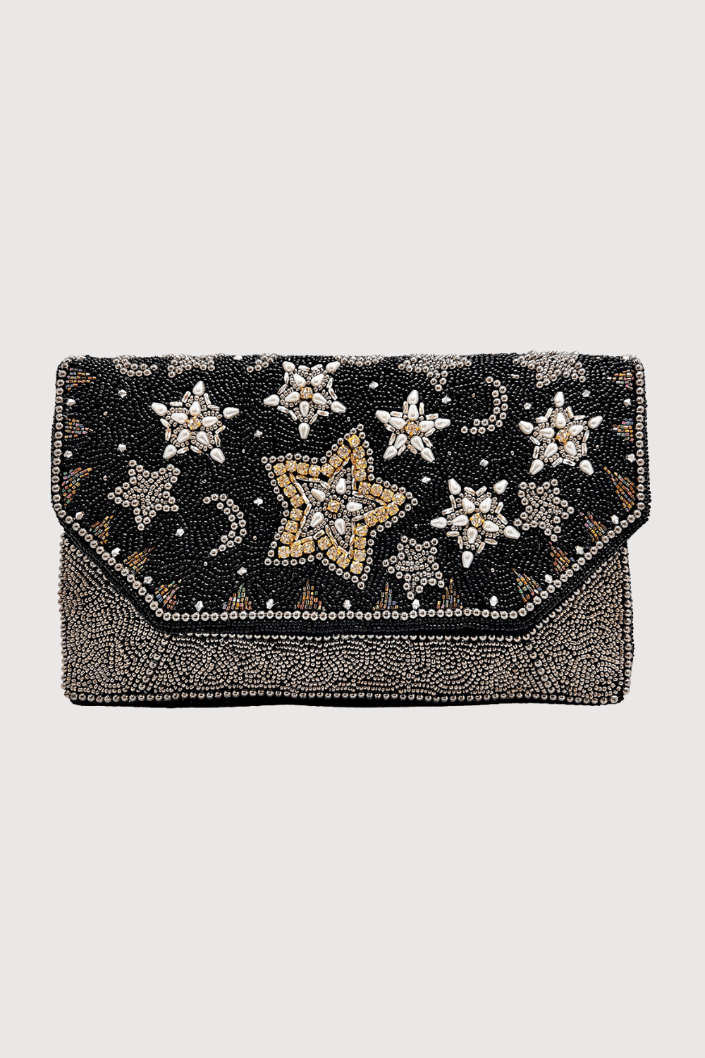 Crescent Moon And Star Black Velvet Beaded Clutch