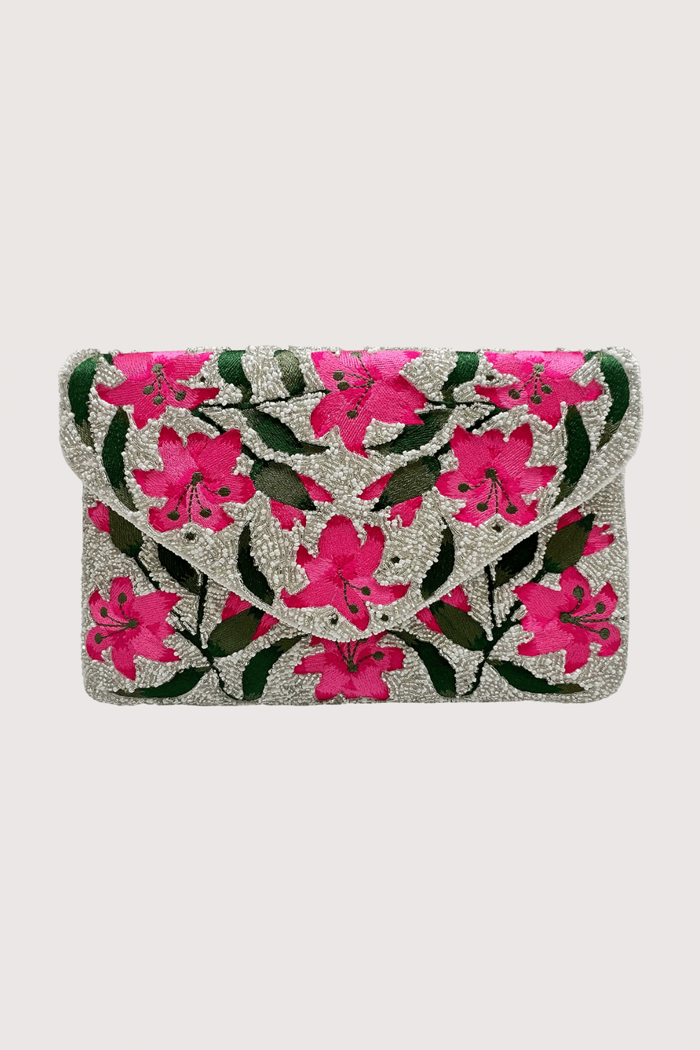 Pink Lilies & Silver Envelope Beaded Clutch