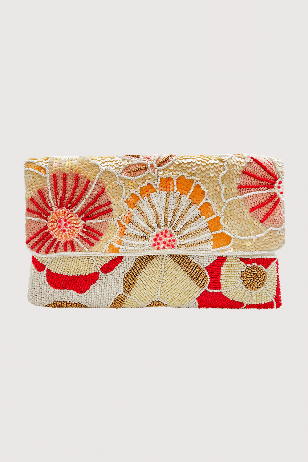 Pink & Cream Flowers Beaded Clutch