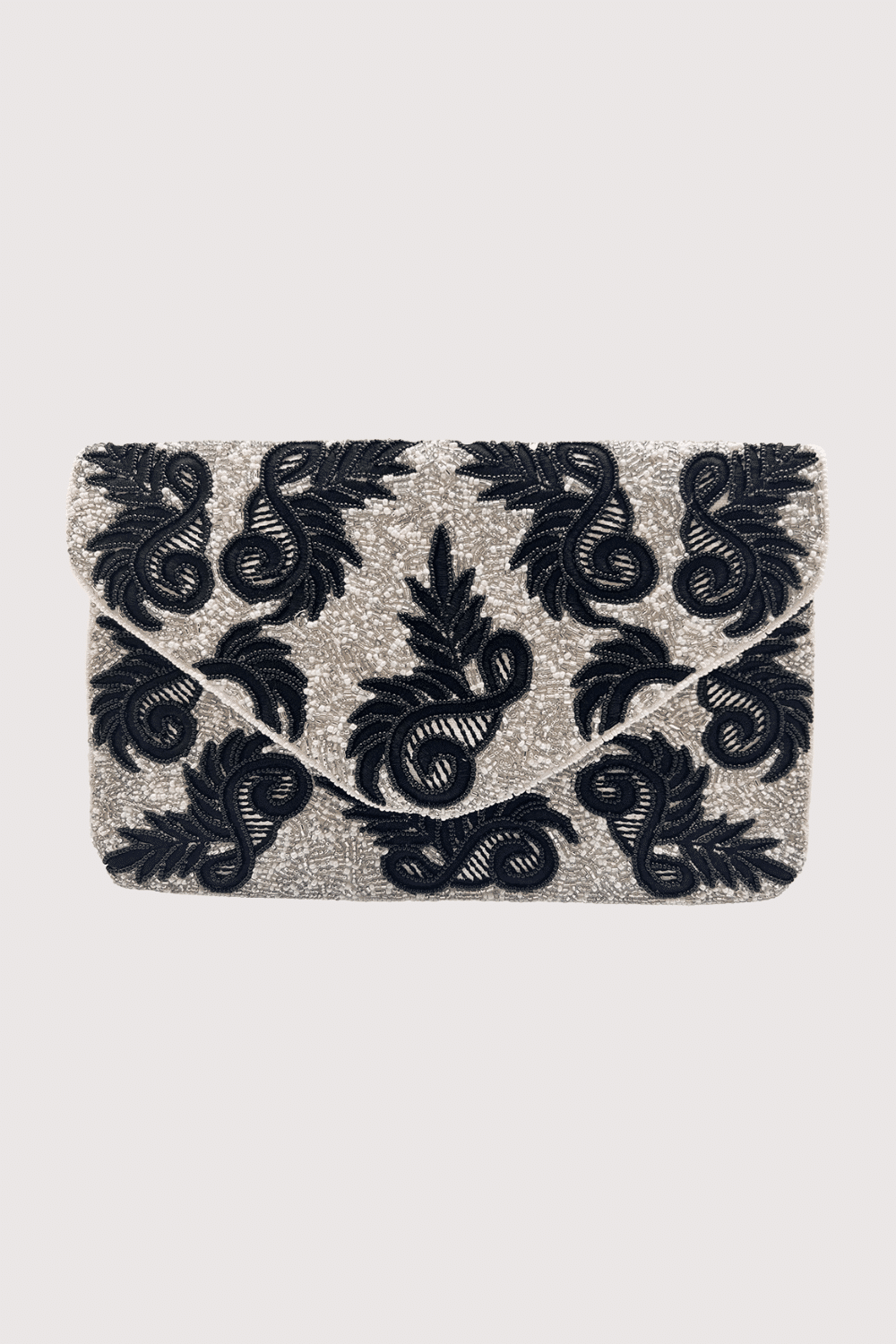 Silver W/ Black Embroidered Datails Beaded Clutch