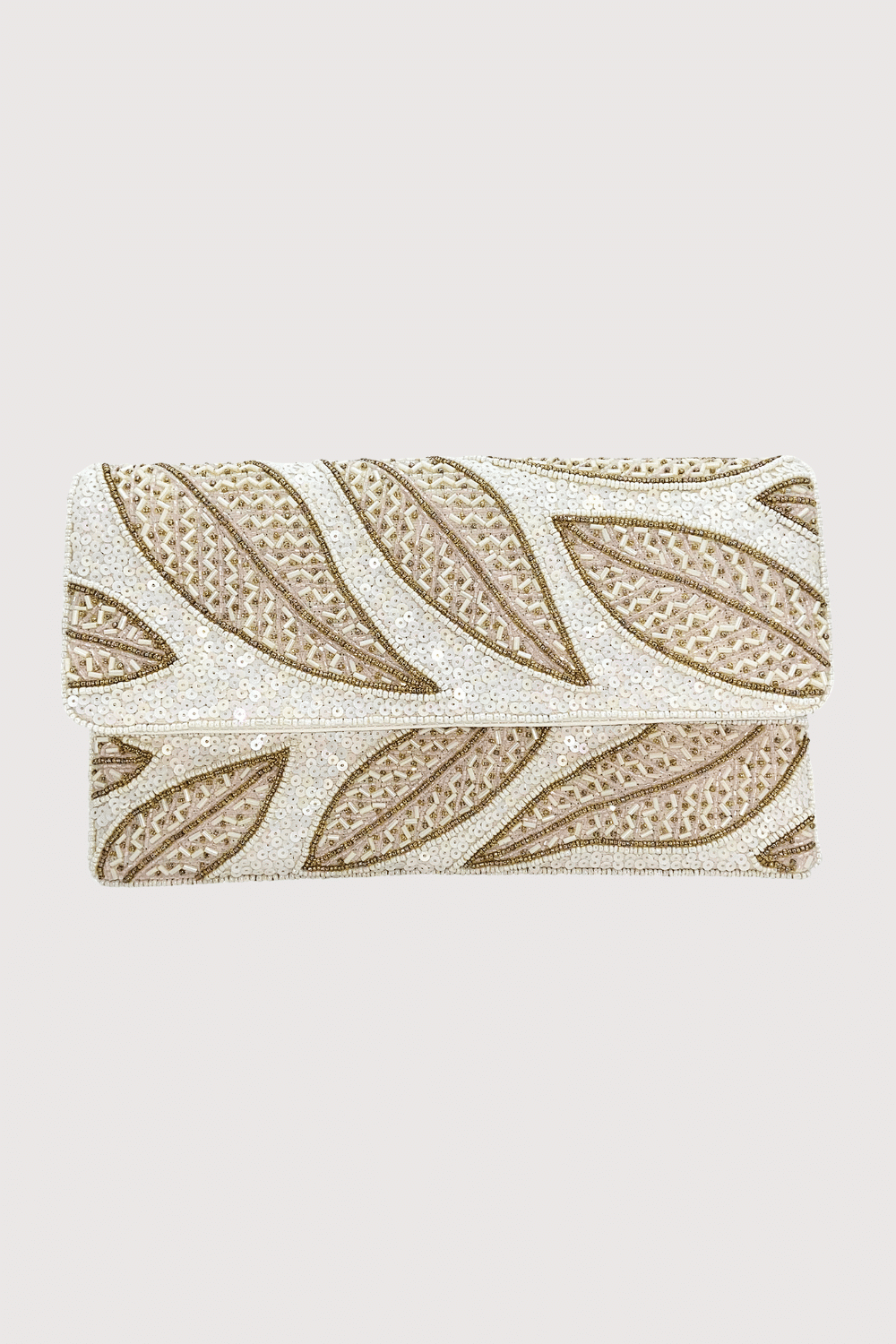 White Sequin Gold Leaf Beaded Clutch