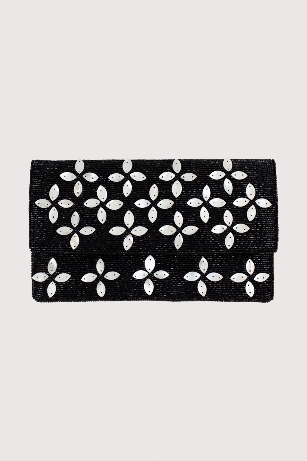 Black & White Flowers Beaded Clutch