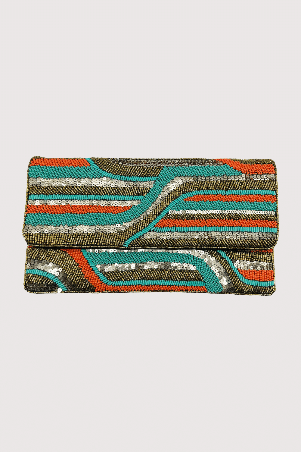 Turquoise & Coral Sequins Beaded Clutch