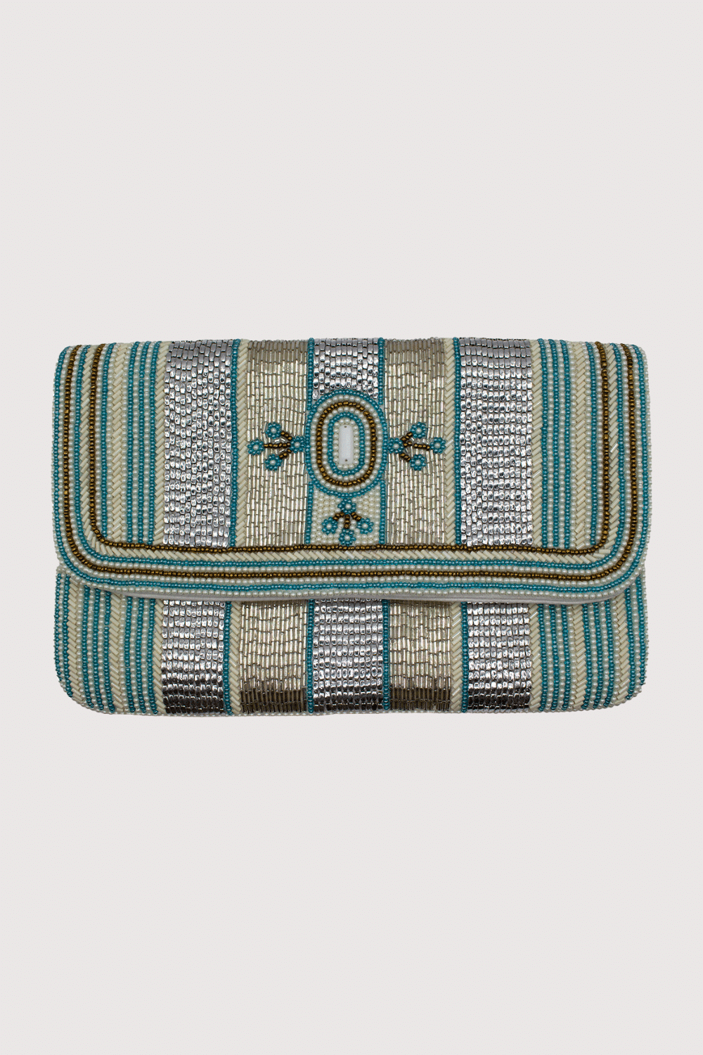 Turquoise And Silver Striped Beaded Clutch