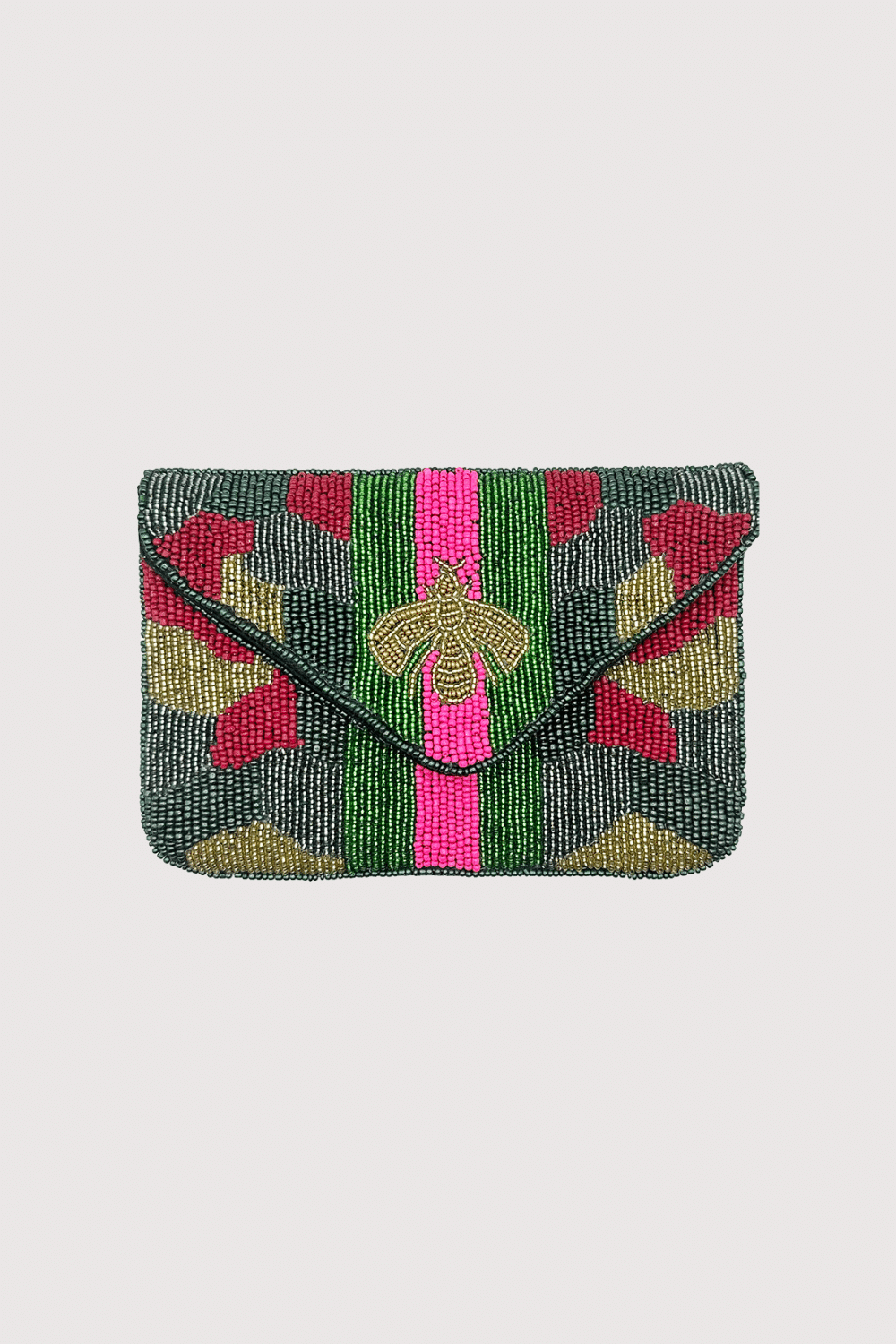 Camo Bee Beaded Mini Clutch W/ Green & Pink Stripes
