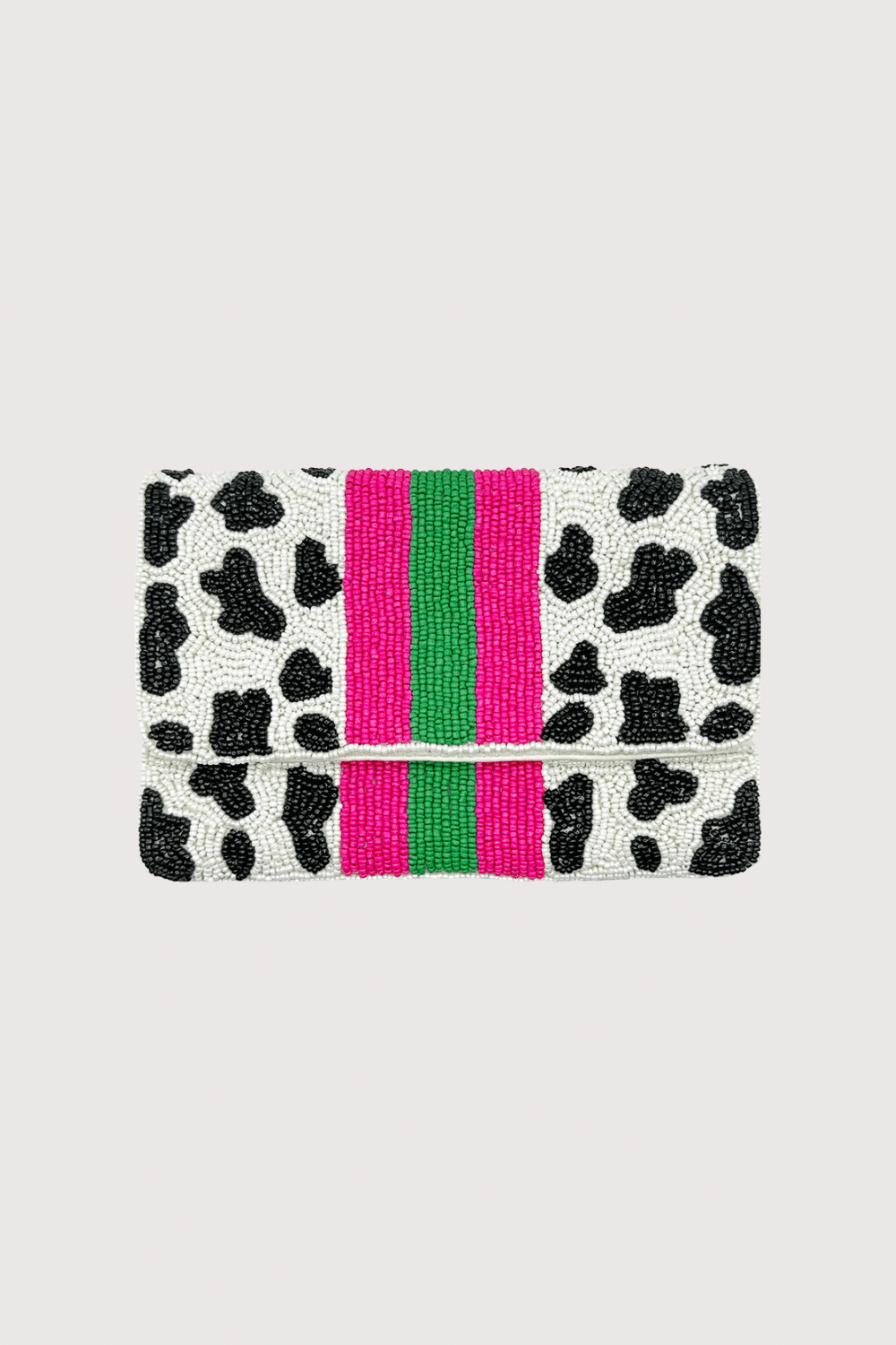 Cow Print Beaded Mini Clutch W/ Fuchsia & Green Stripes