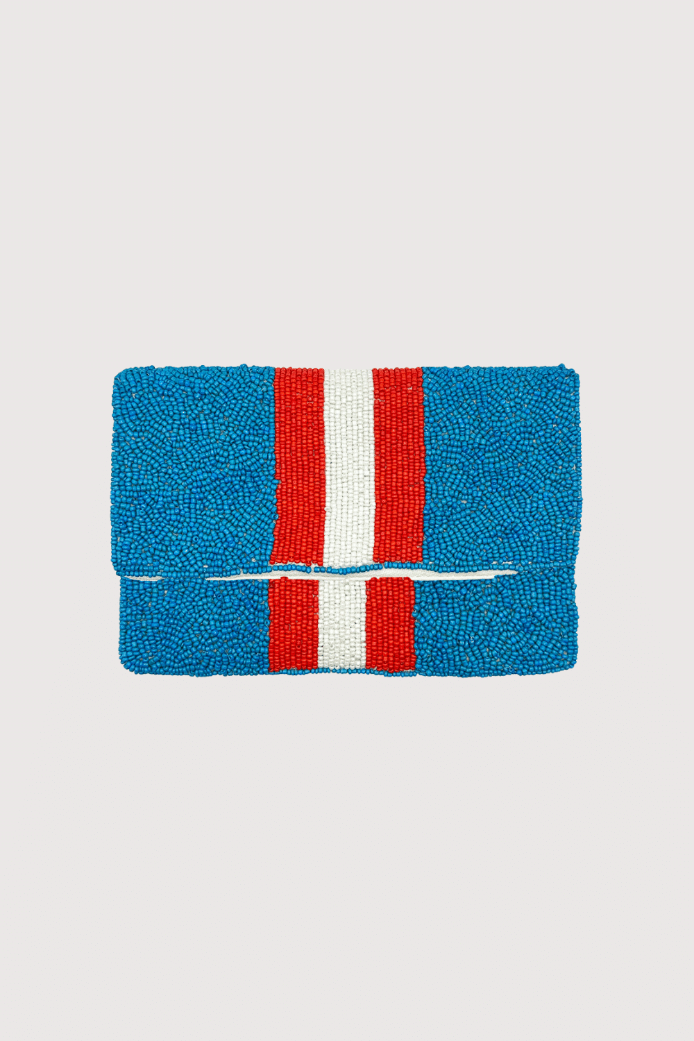 Blue Beaded Mini Clutch With Red & White Stripes