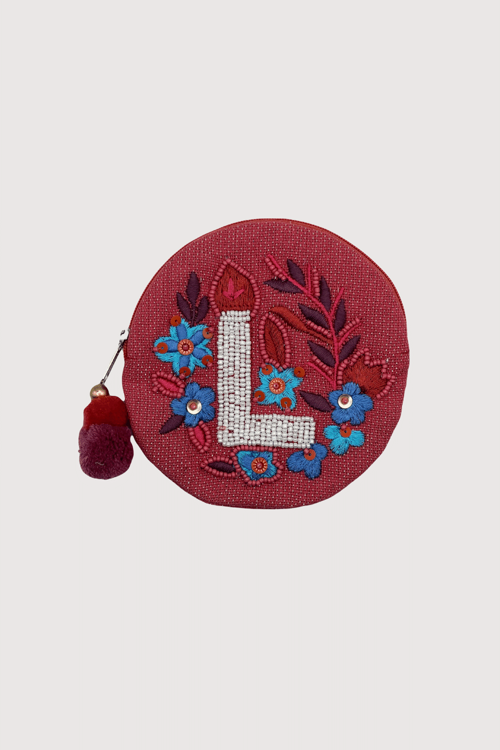 "L" Coral Beaded Coin Pouch