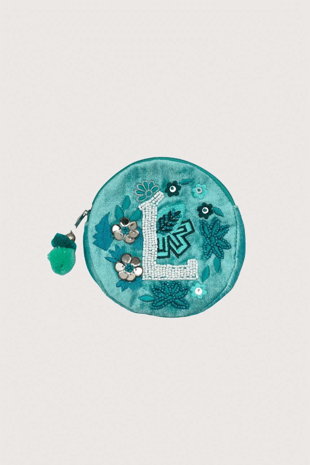 "L" Teal Velvet Beaded Pouch