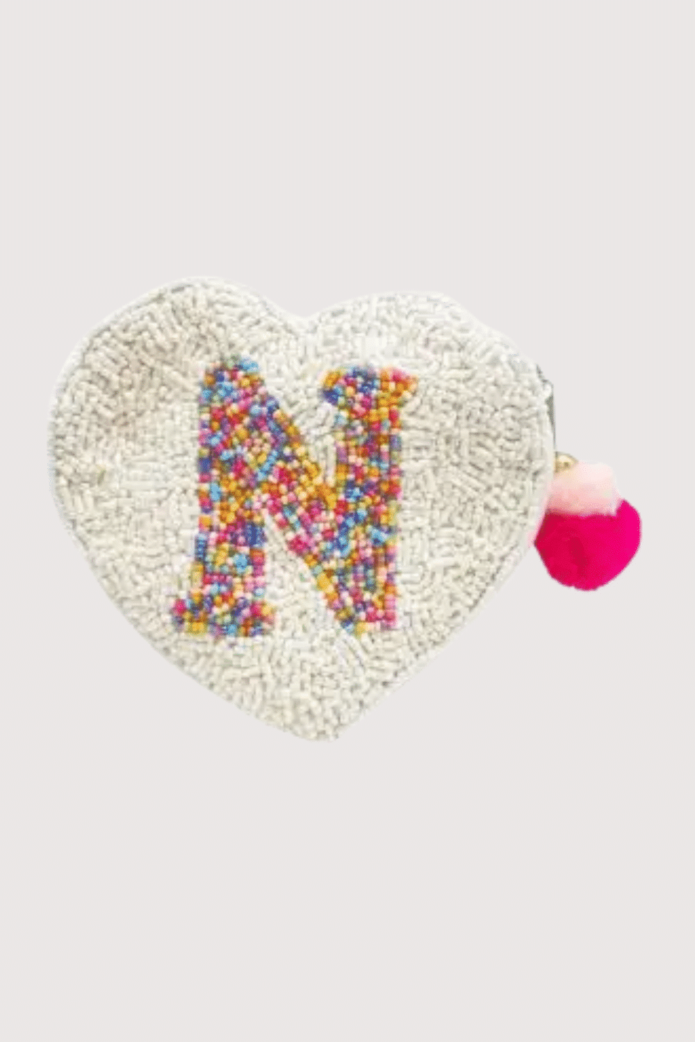 "N" White Heart Initial Beaded Pouch