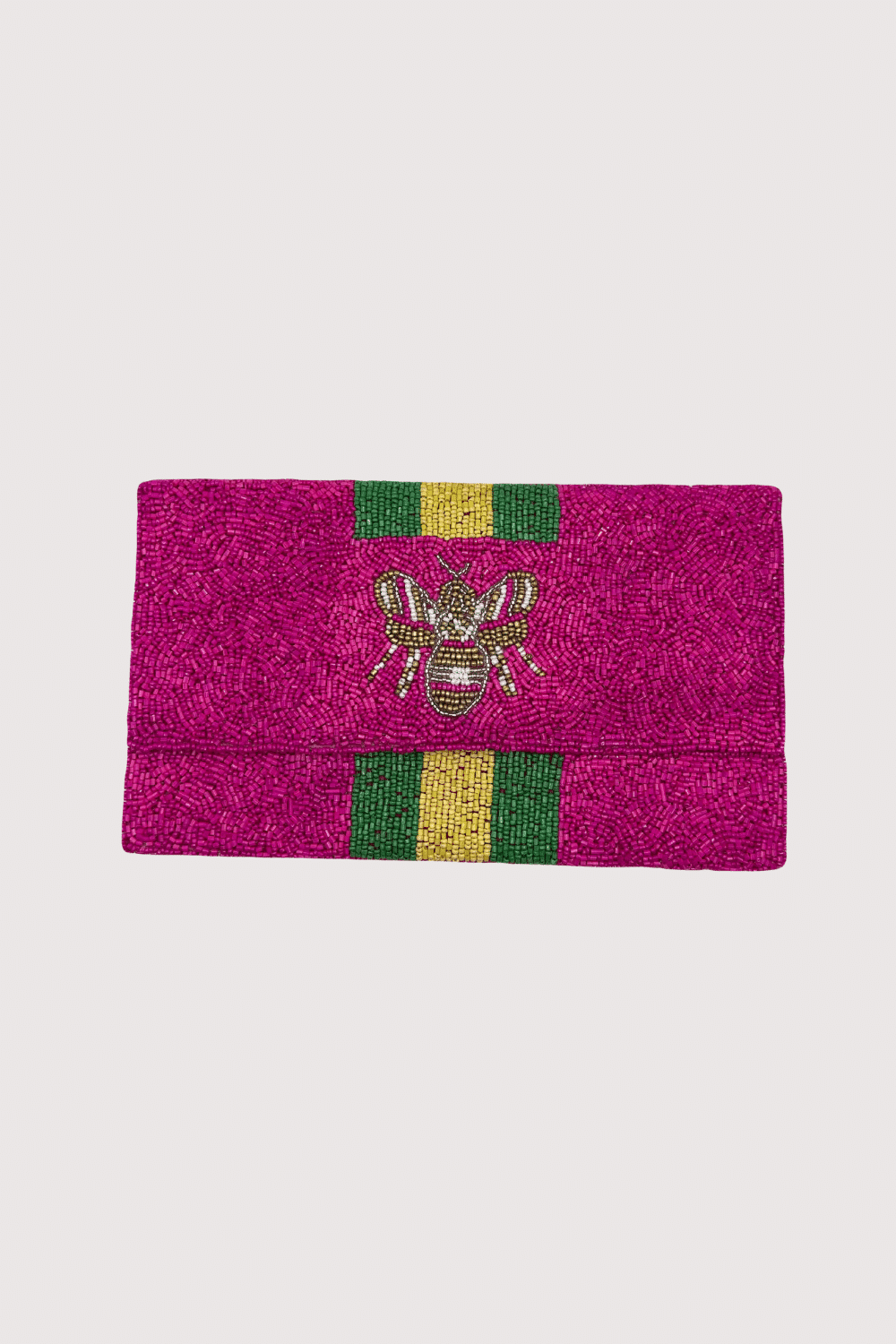 Pink Double Sided Beaded Bee Clutch W/ Green & Yellow Stripe