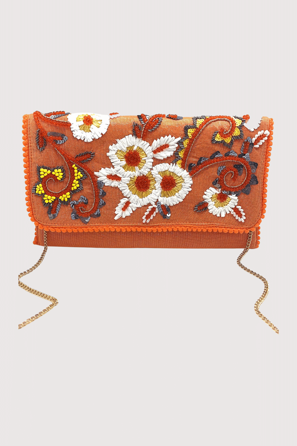 Orange Clutch W/ Raffia Embroidery