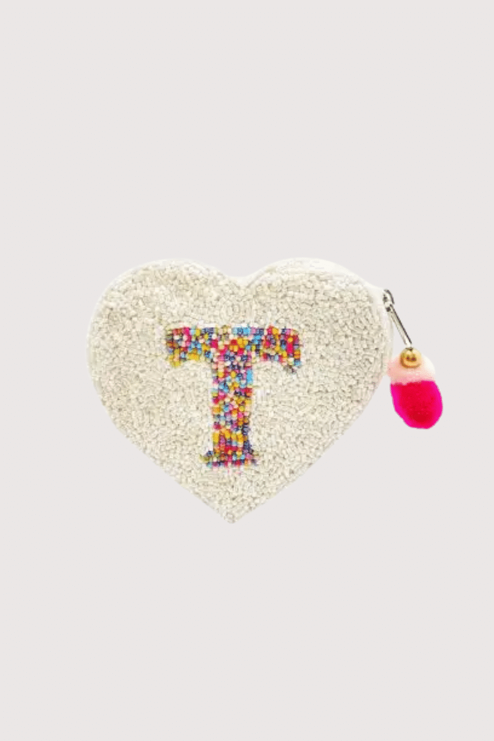 "T" White Heart Initial Beaded Pouch